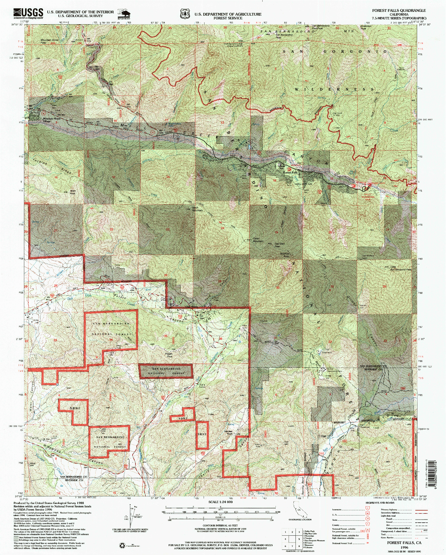 USGS 1:24000-SCALE QUADRANGLE FOR FOREST FALLS, CA 1996