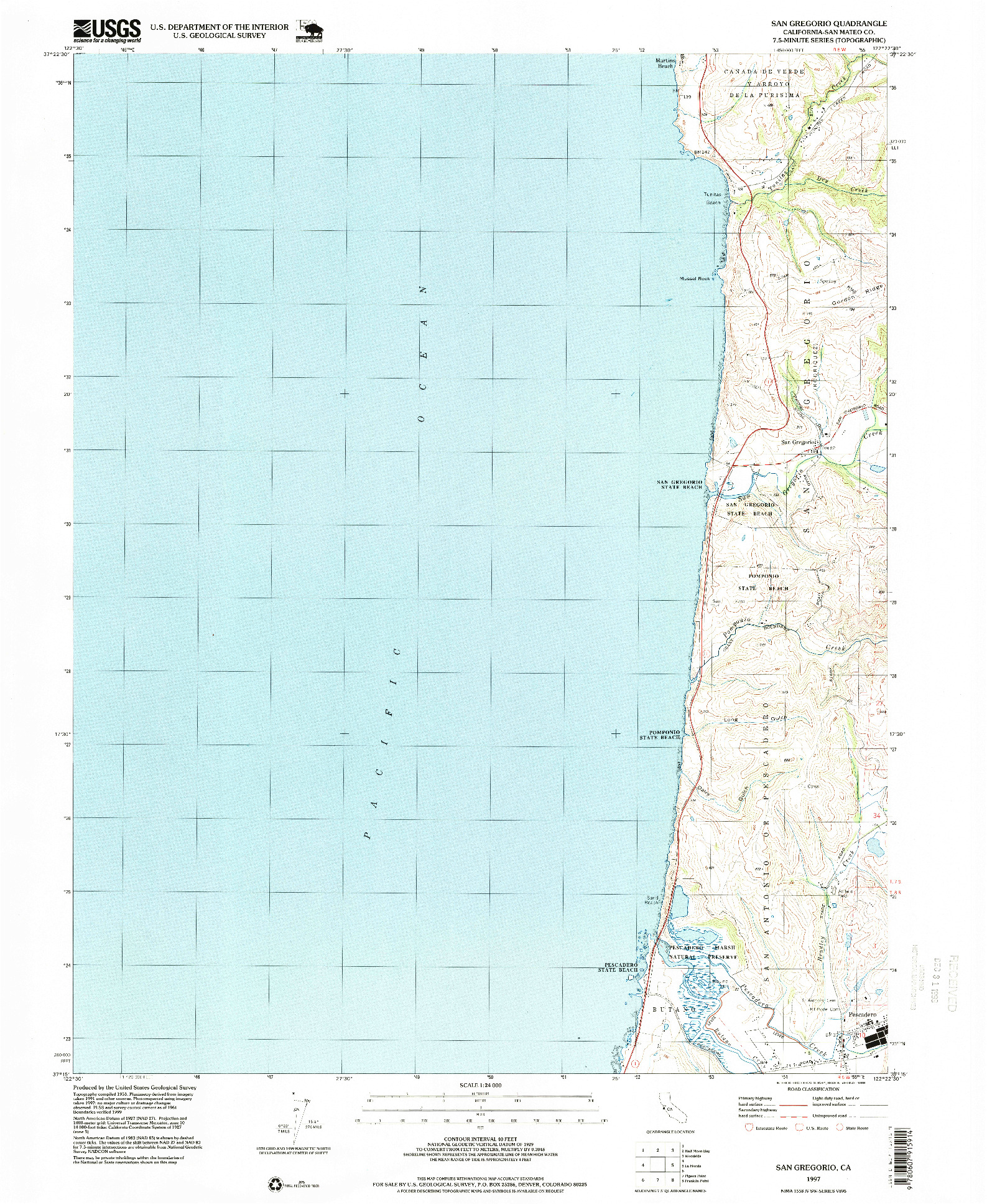 USGS 1:24000-SCALE QUADRANGLE FOR SAN GREGORIO, CA 1997