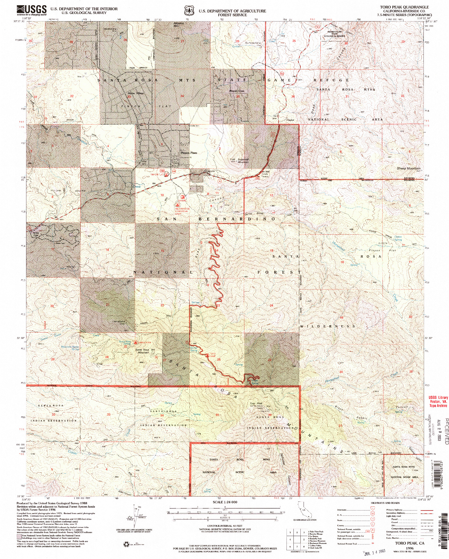 USGS 1:24000-SCALE QUADRANGLE FOR TORO PEAK, CA 1996