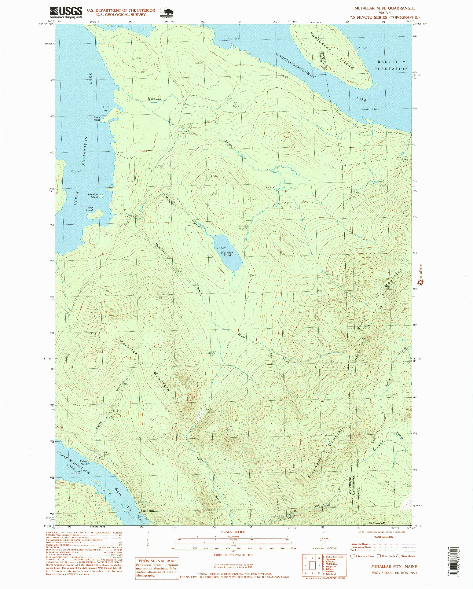 USGS 1:24000-SCALE QUADRANGLE FOR METALLAK MTN, ME 1997