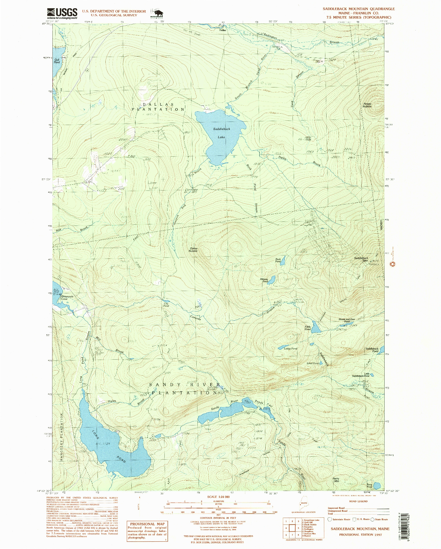 USGS 1:24000-SCALE QUADRANGLE FOR SADDLEBACK MOUNTAIN, ME 1997
