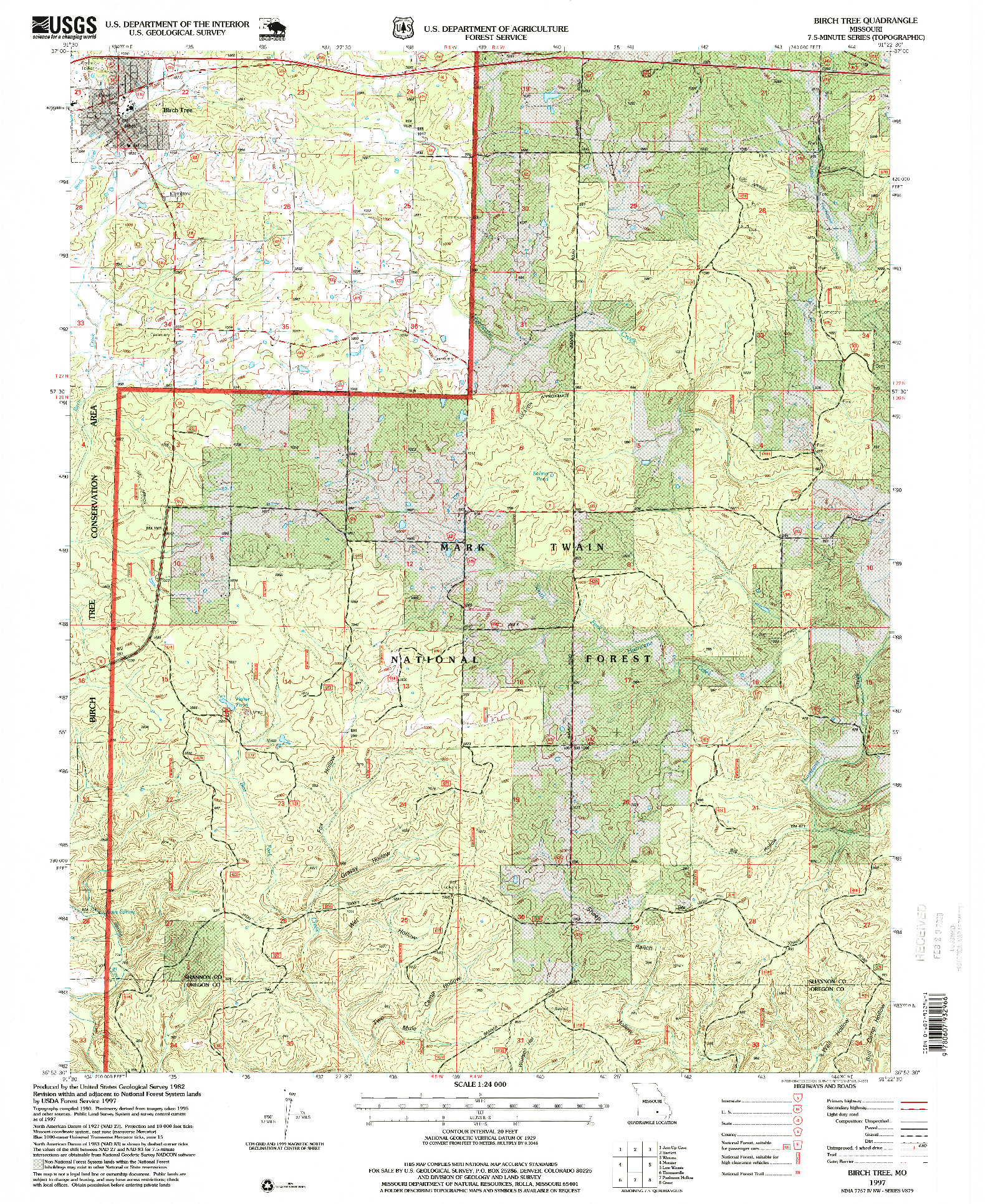 USGS 1:24000-SCALE QUADRANGLE FOR BIRCH TREE, MO 1997