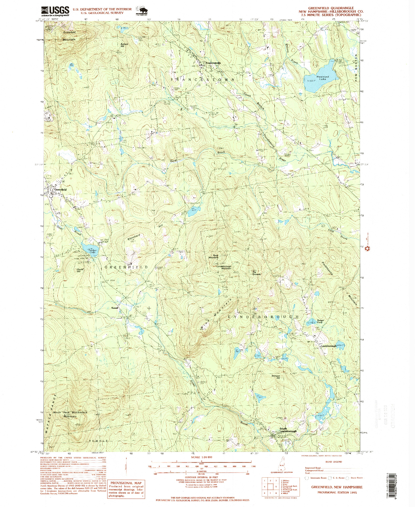 USGS 1:24000-SCALE QUADRANGLE FOR GREENFIELD, NH 1995