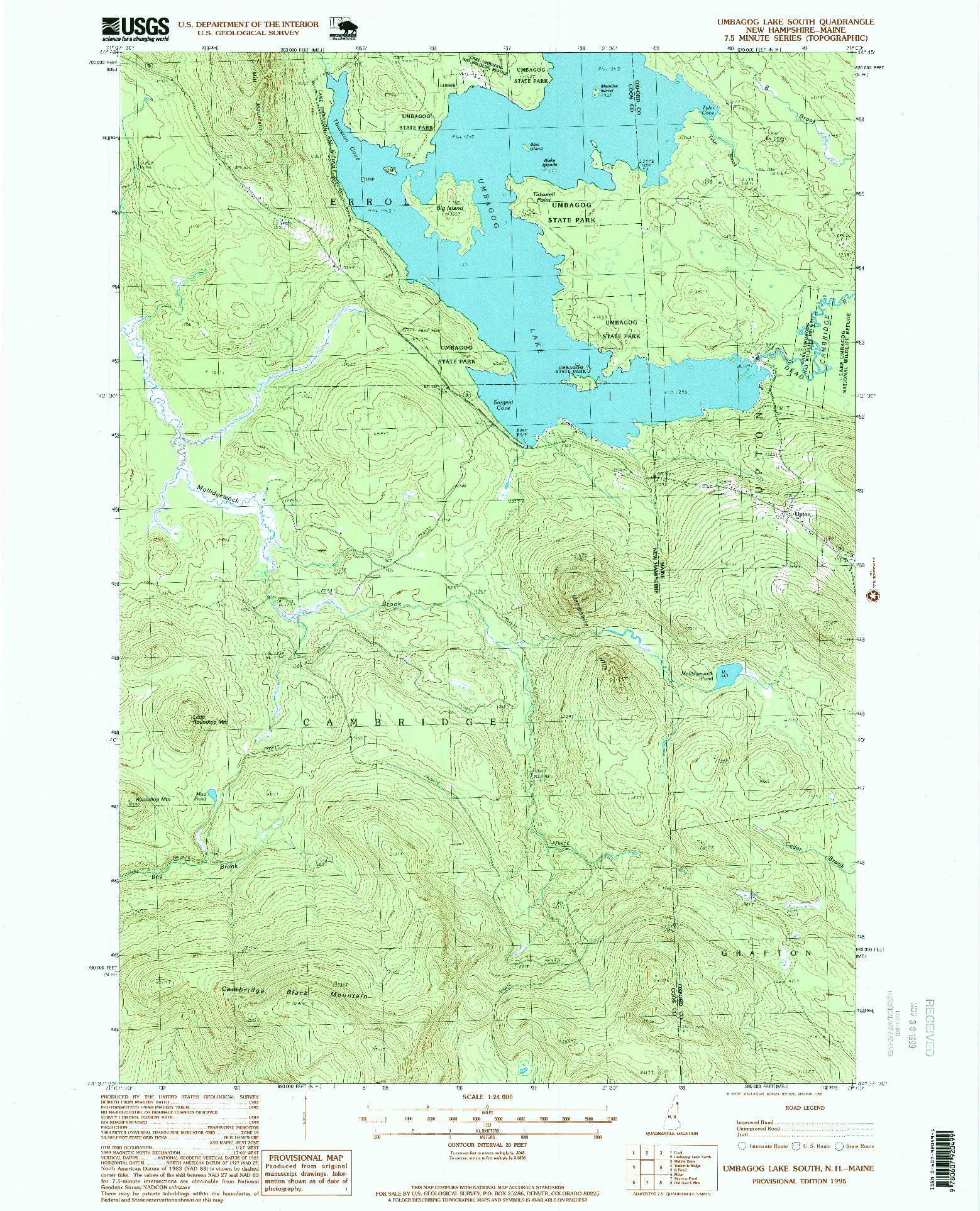 USGS 1:24000-SCALE QUADRANGLE FOR UMBAGOG LAKE SOUTH, NH 1995