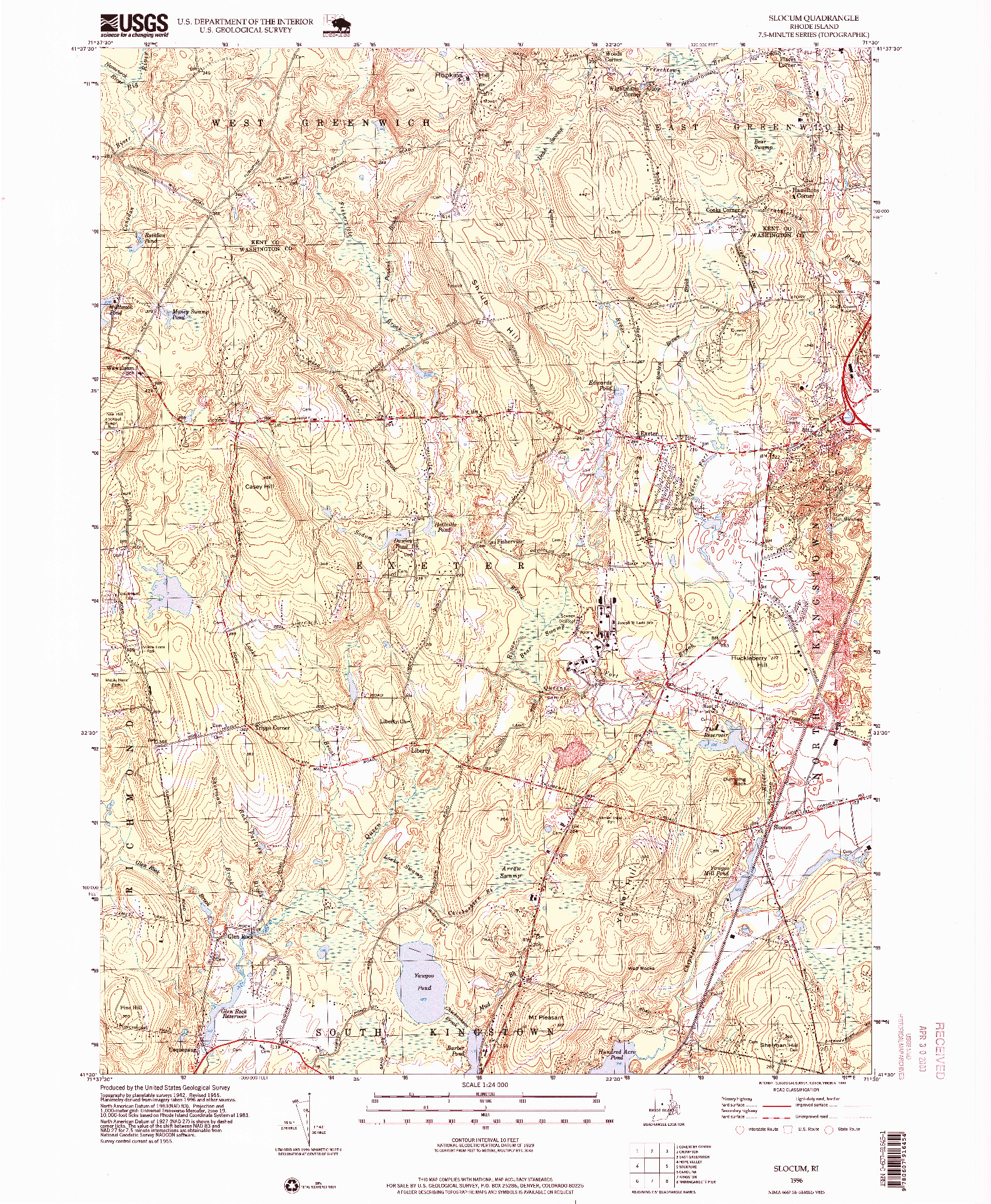 USGS 1:24000-SCALE QUADRANGLE FOR SLOCUM, RI 1996