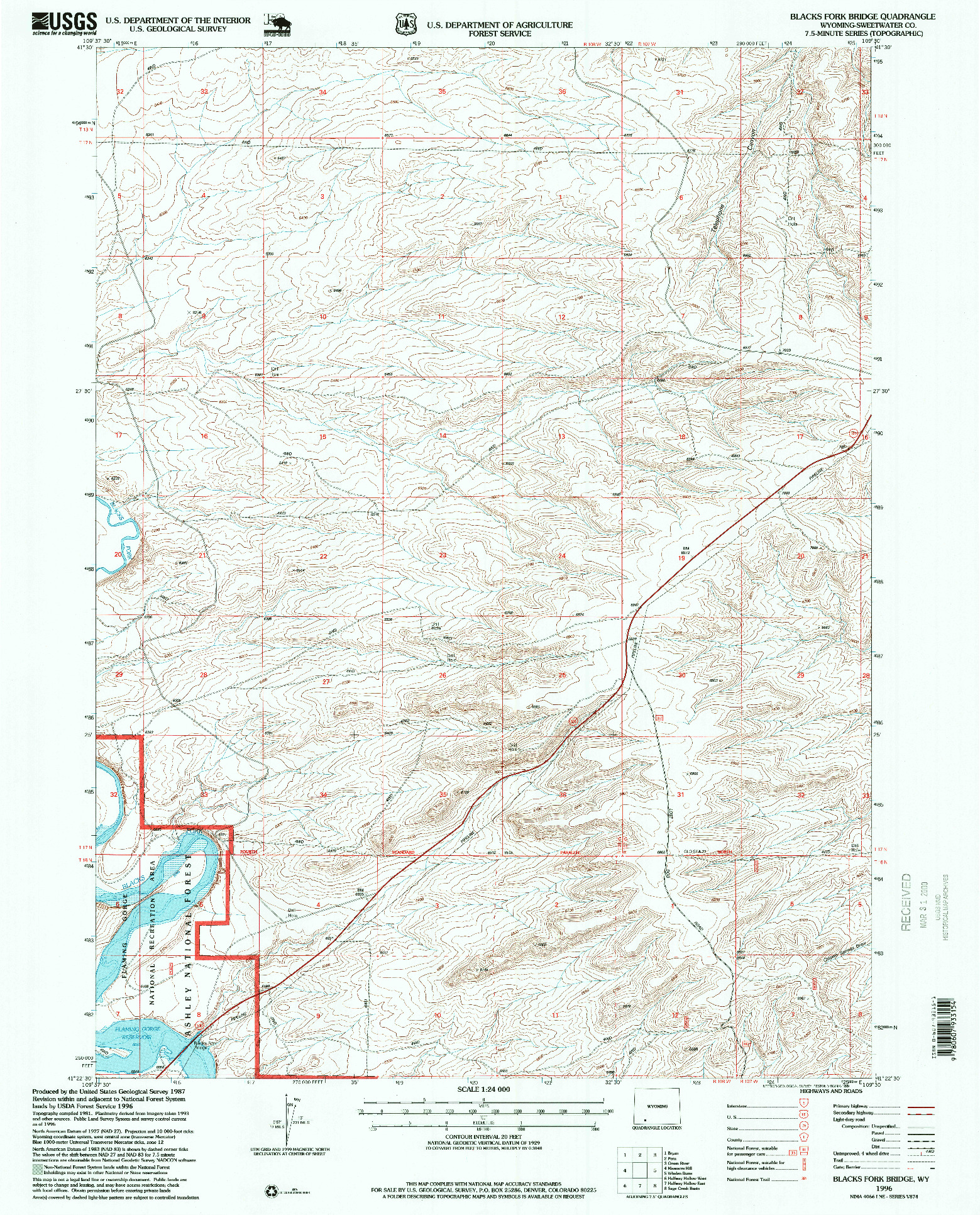 USGS 1:24000-SCALE QUADRANGLE FOR BLACKS FORK BRIDGE, WY 1996