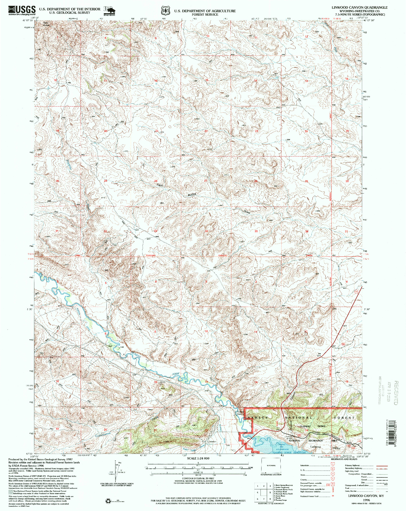USGS 1:24000-SCALE QUADRANGLE FOR LINWOOD CANYON, WY 1996