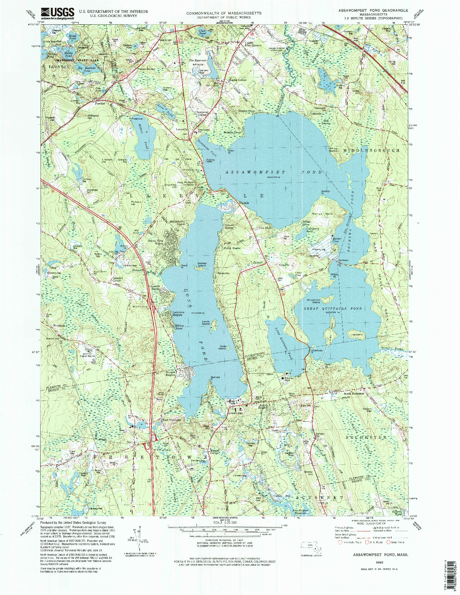 USGS 1:25000-SCALE QUADRANGLE FOR ASSAWOMPSET POND, MA 1997