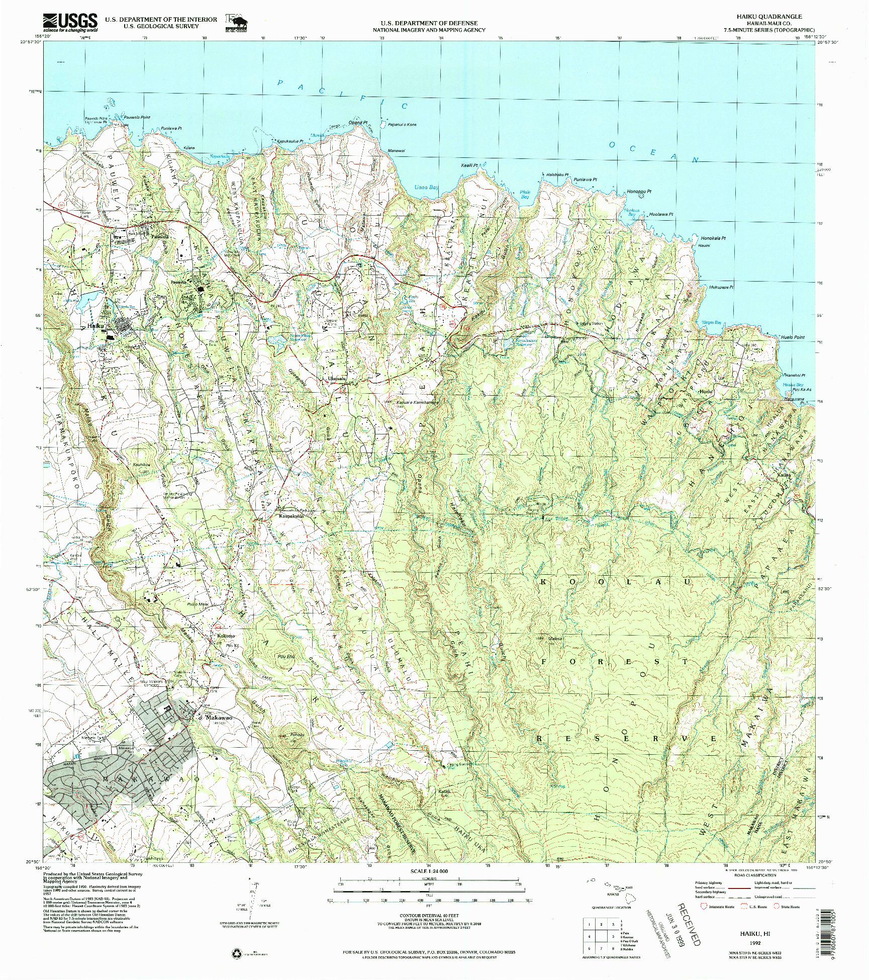 USGS 1:24000-SCALE QUADRANGLE FOR HAIKU, HI 1992
