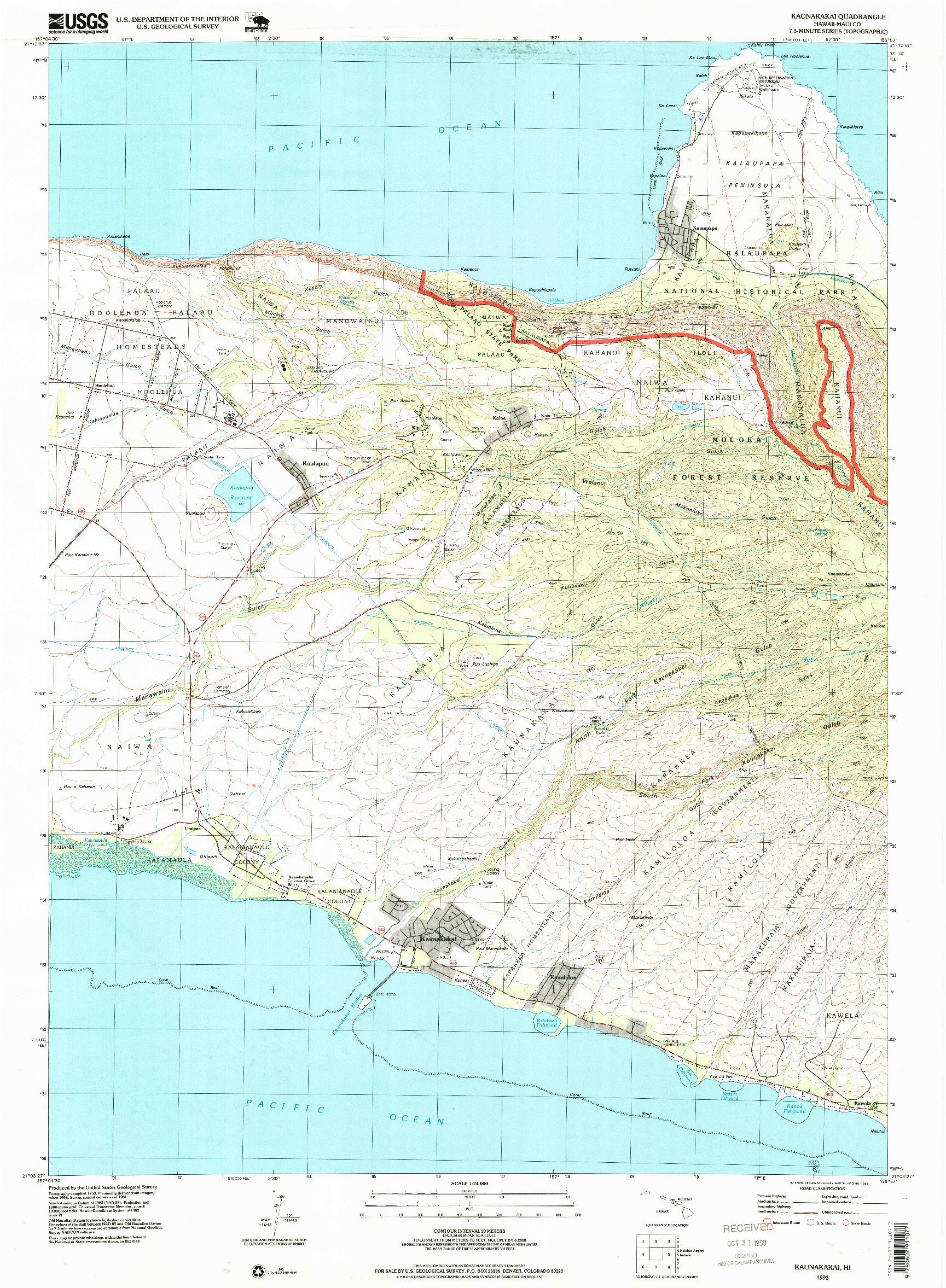 USGS 1:24000-SCALE QUADRANGLE FOR KAUNAKAKAI, HI 1993