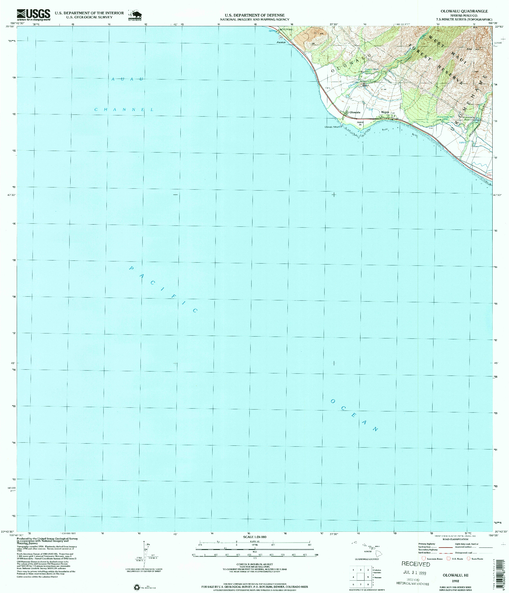 USGS 1:24000-SCALE QUADRANGLE FOR OLOWALU, HI 1992