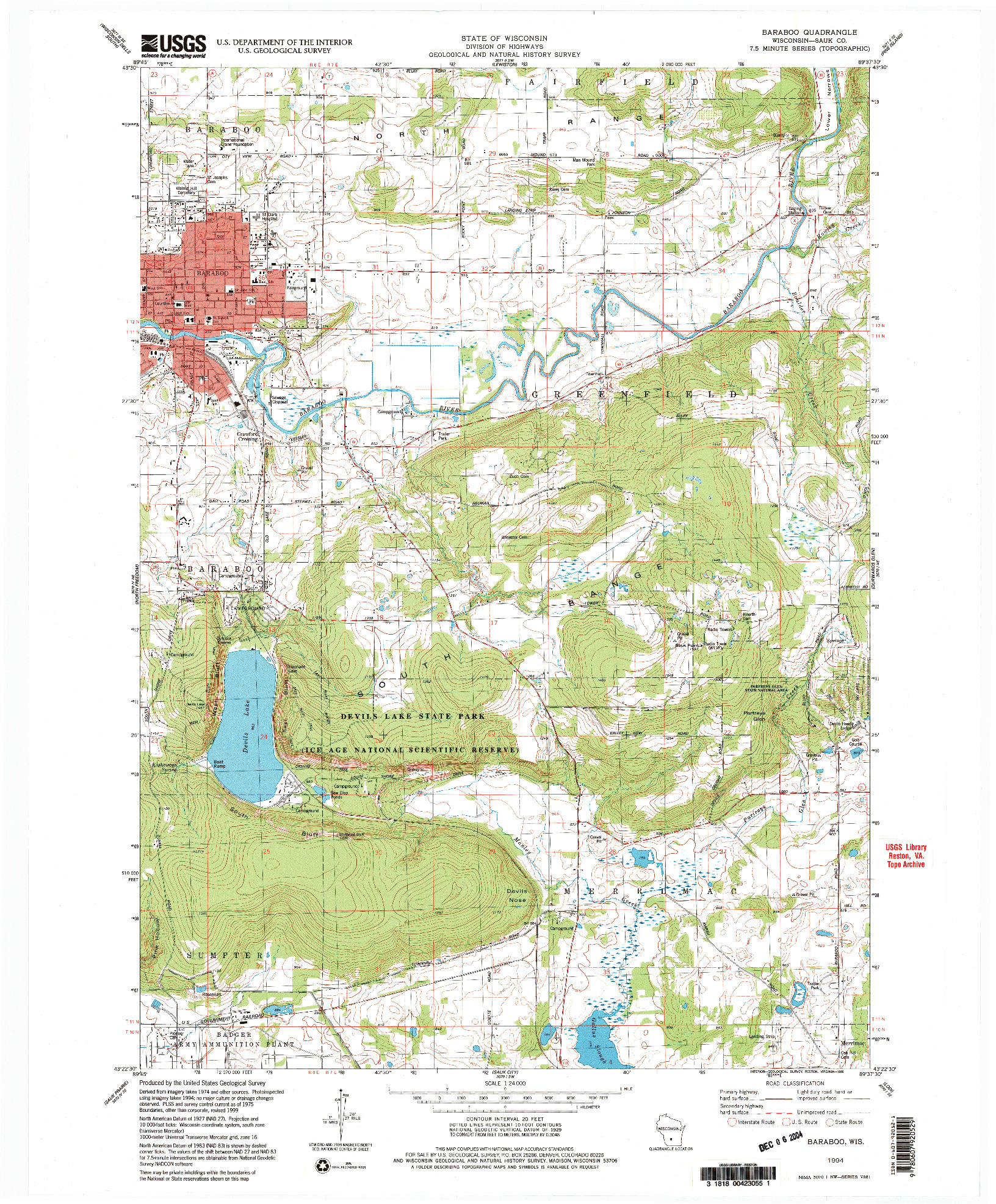 USGS 1:24000-SCALE QUADRANGLE FOR BARABOO, WI 1994