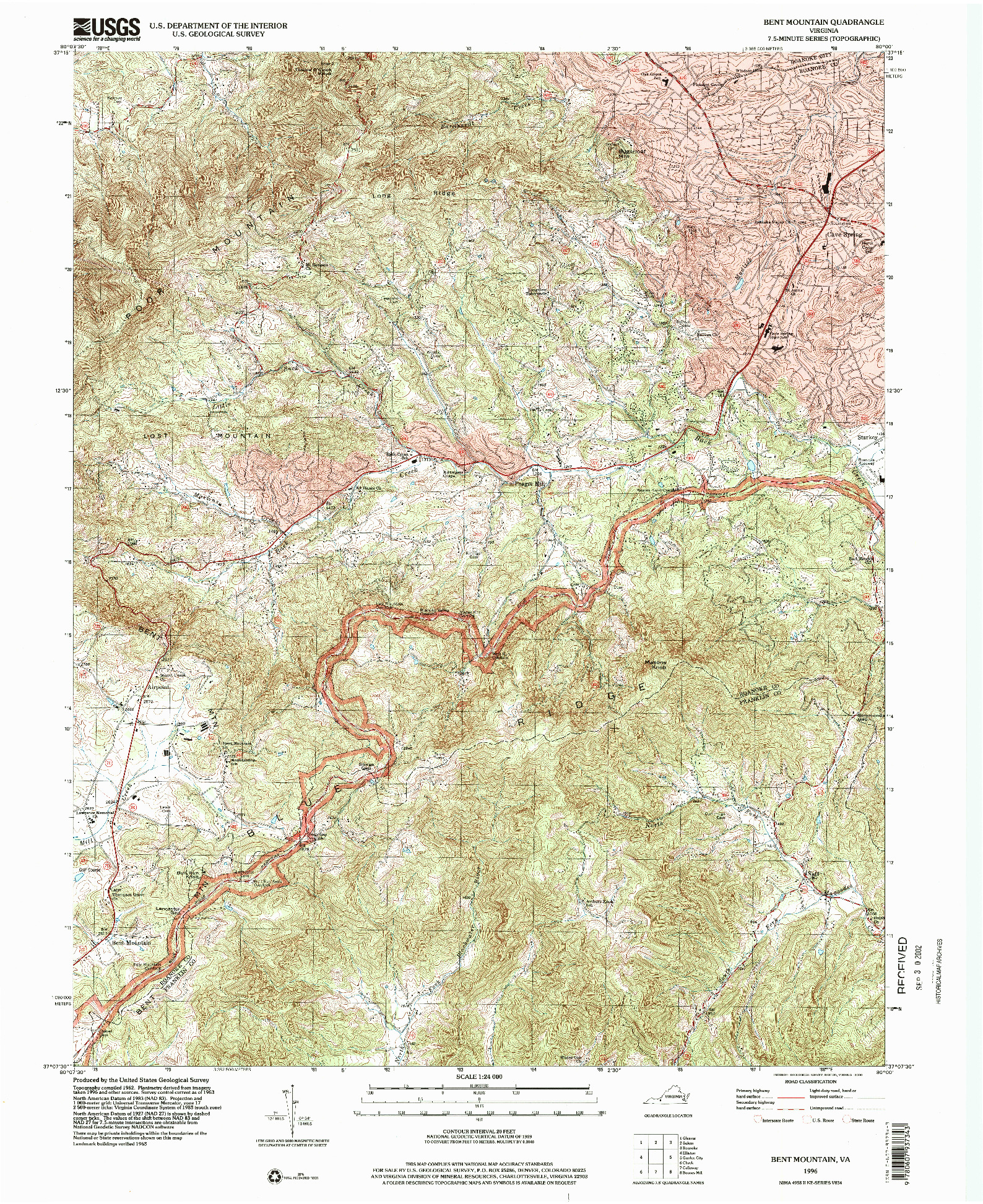 USGS 1:24000-SCALE QUADRANGLE FOR BENT MOUNTAIN, VA 1996