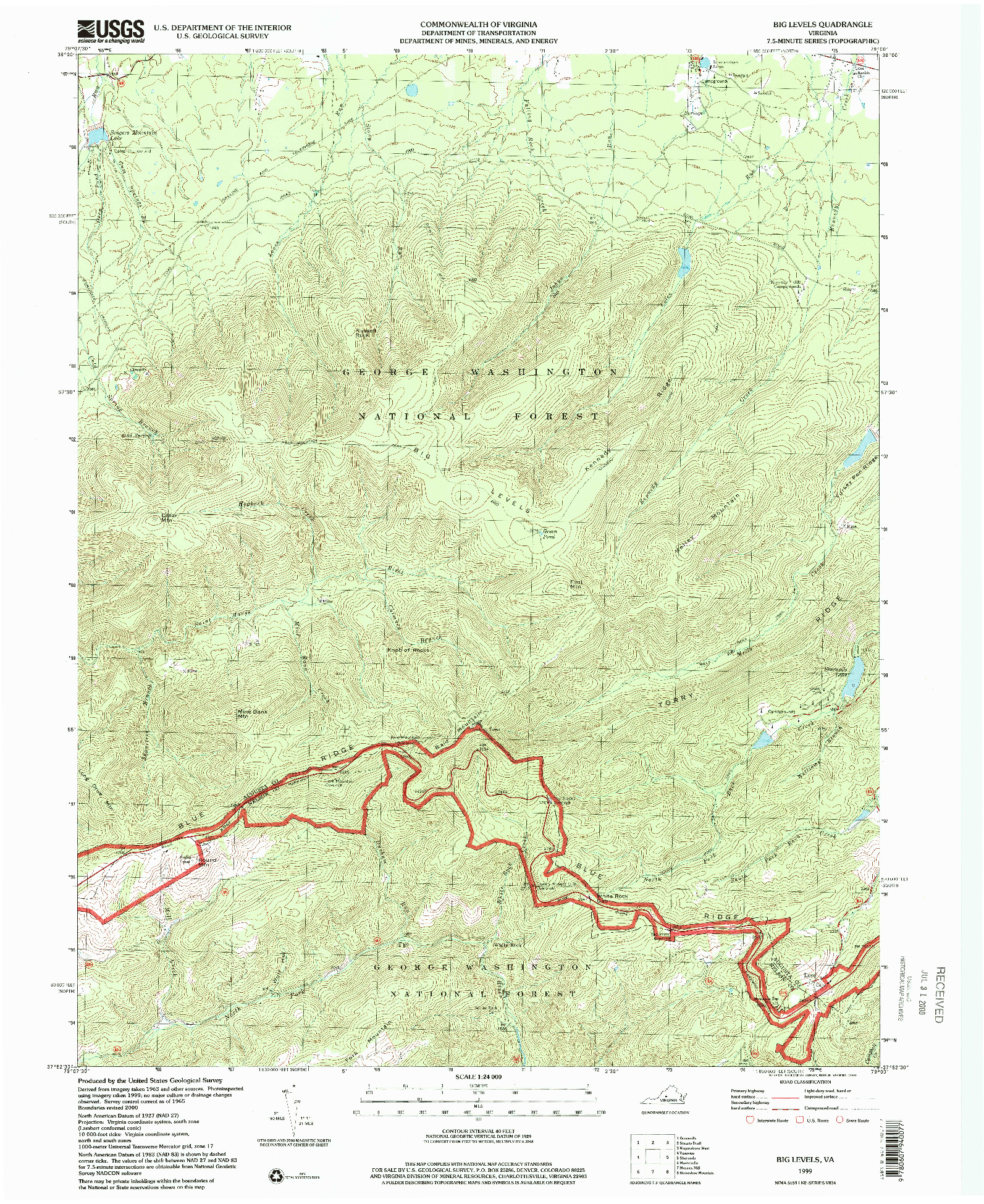 USGS 1:24000-SCALE QUADRANGLE FOR BIG LEVELS, VA 1999