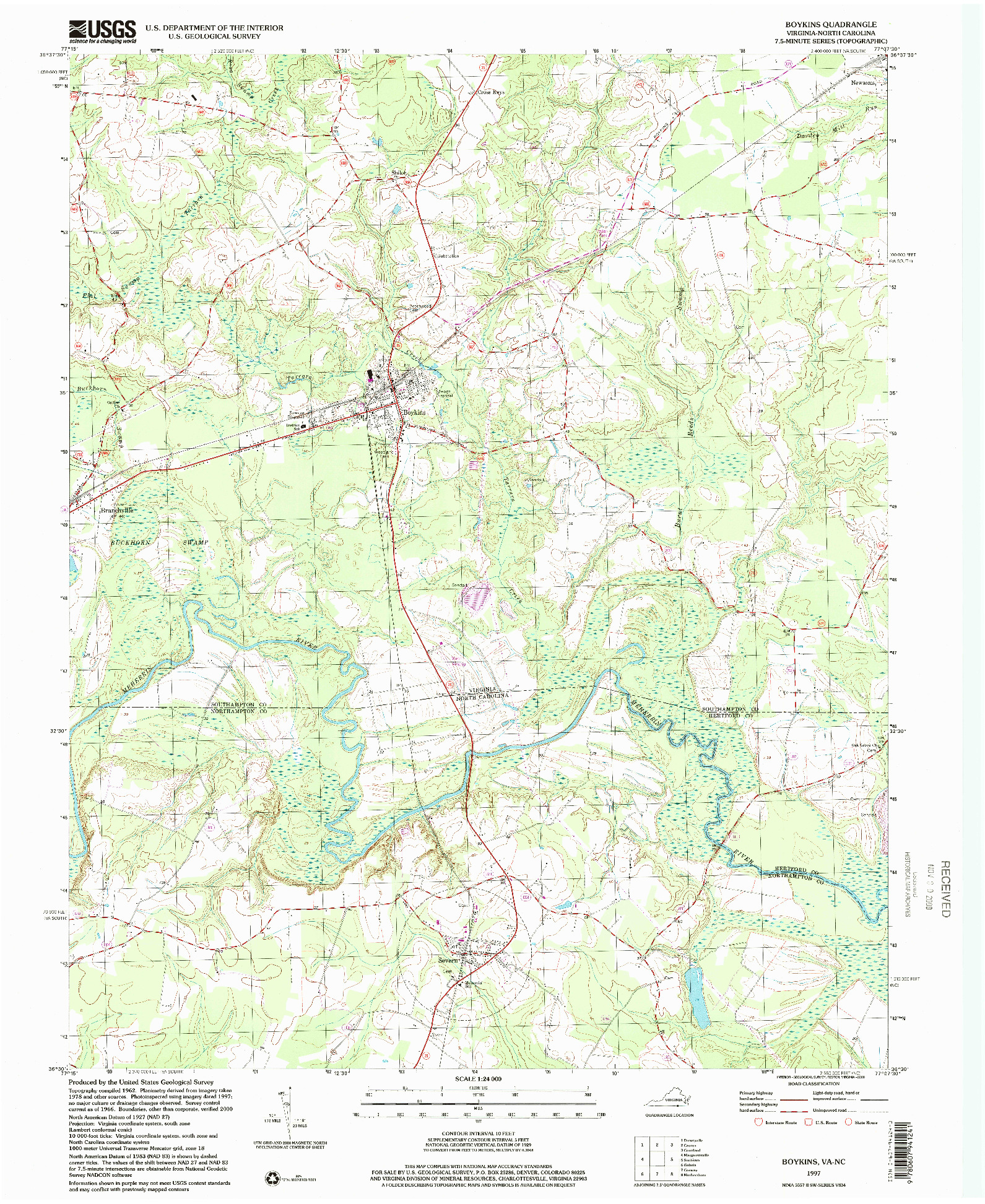 USGS 1:24000-SCALE QUADRANGLE FOR BOYKINS, VA 1997