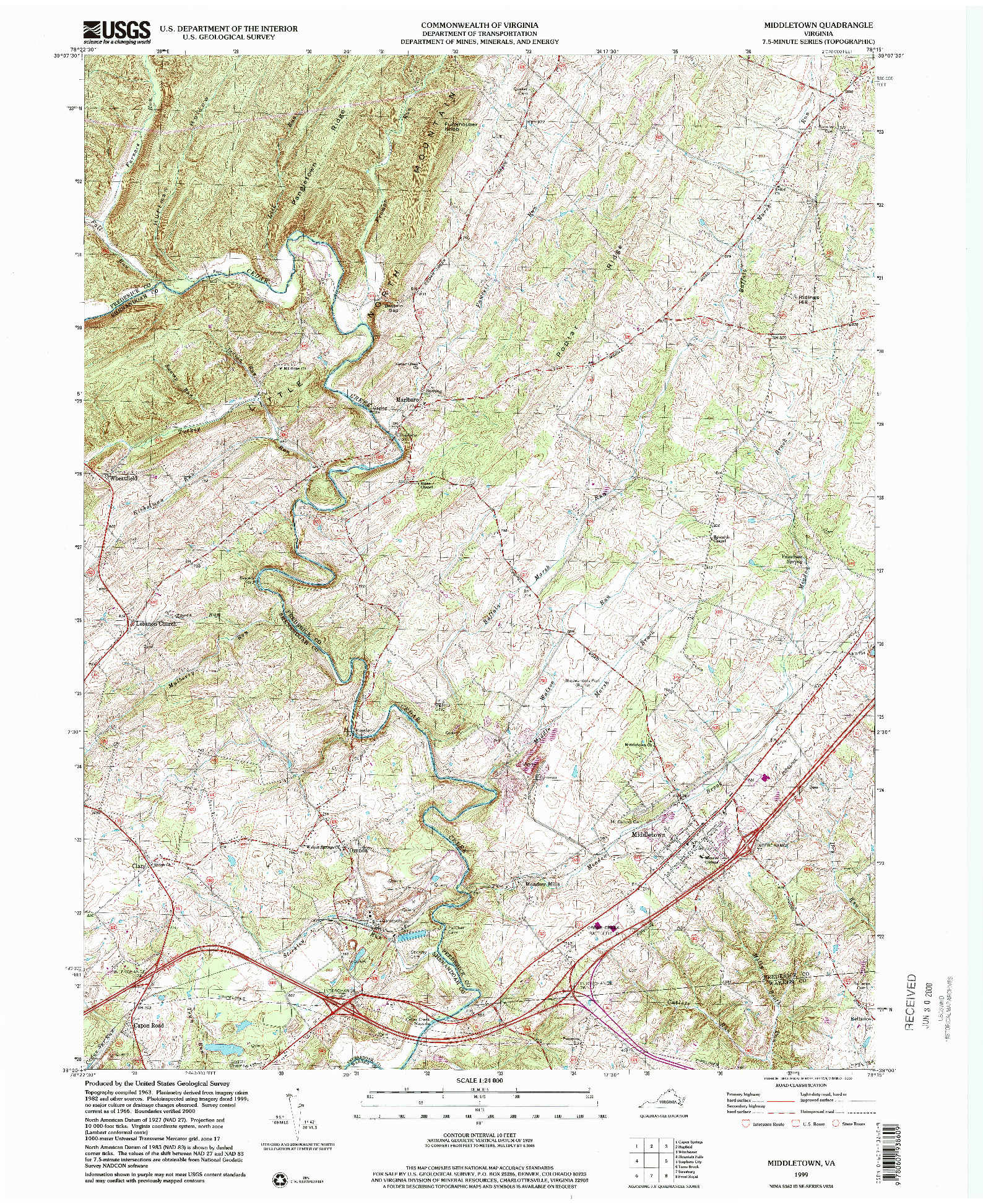 USGS 1:24000-SCALE QUADRANGLE FOR MIDDLETOWN, VA 1999
