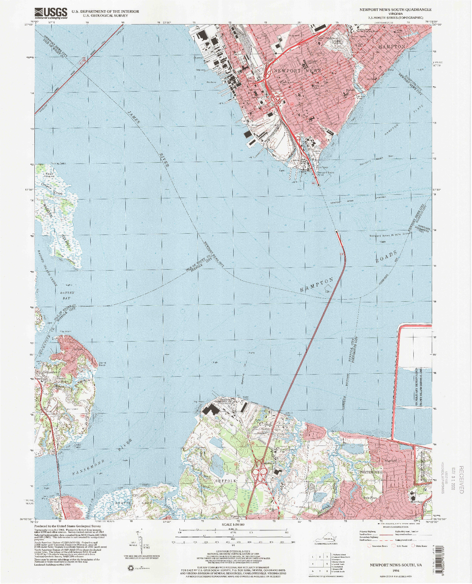 USGS 1:24000-SCALE QUADRANGLE FOR NEWPORT NEWS SOUTH, VA 1994