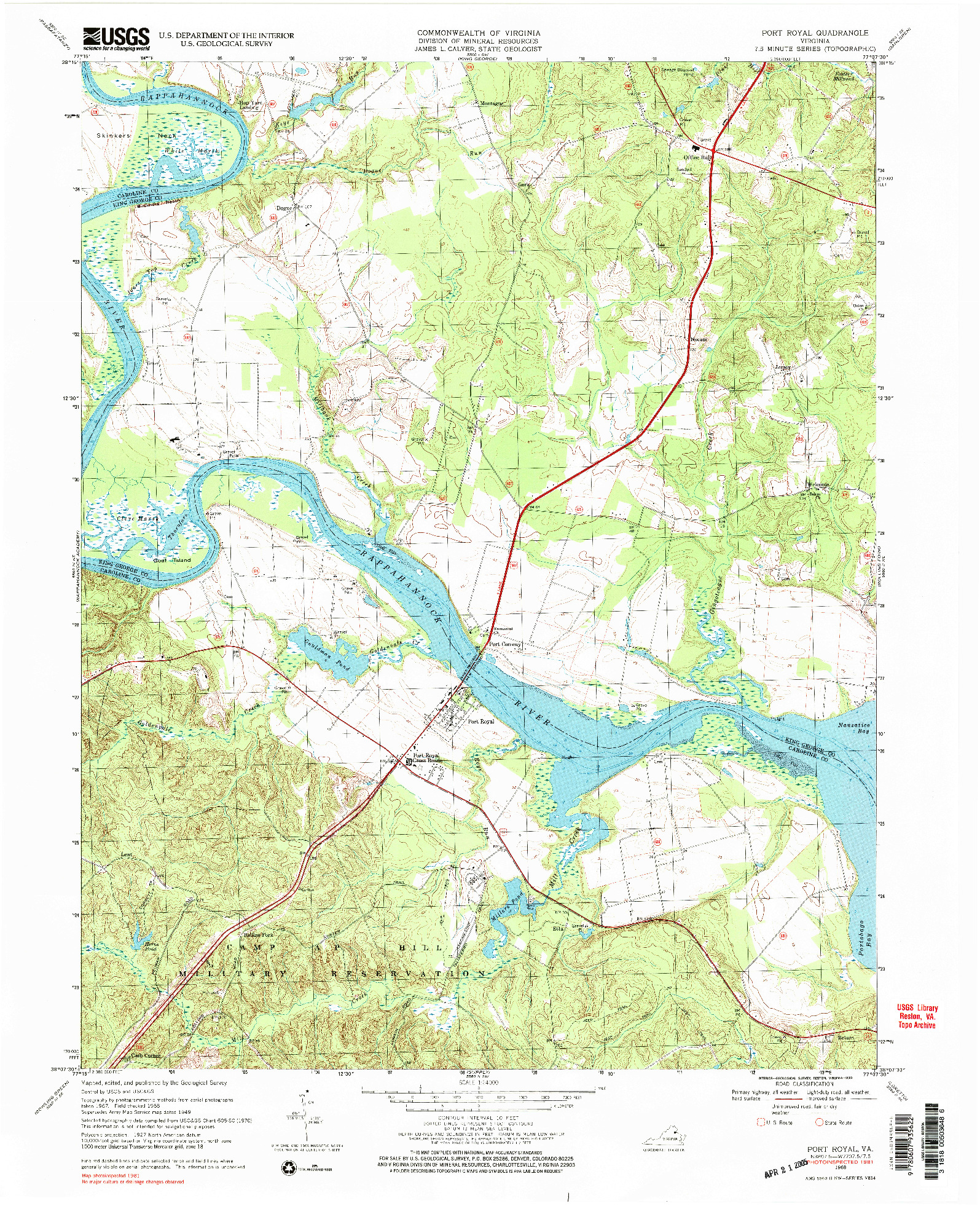 USGS 1:24000-SCALE QUADRANGLE FOR PORT ROYAL, VA 1968