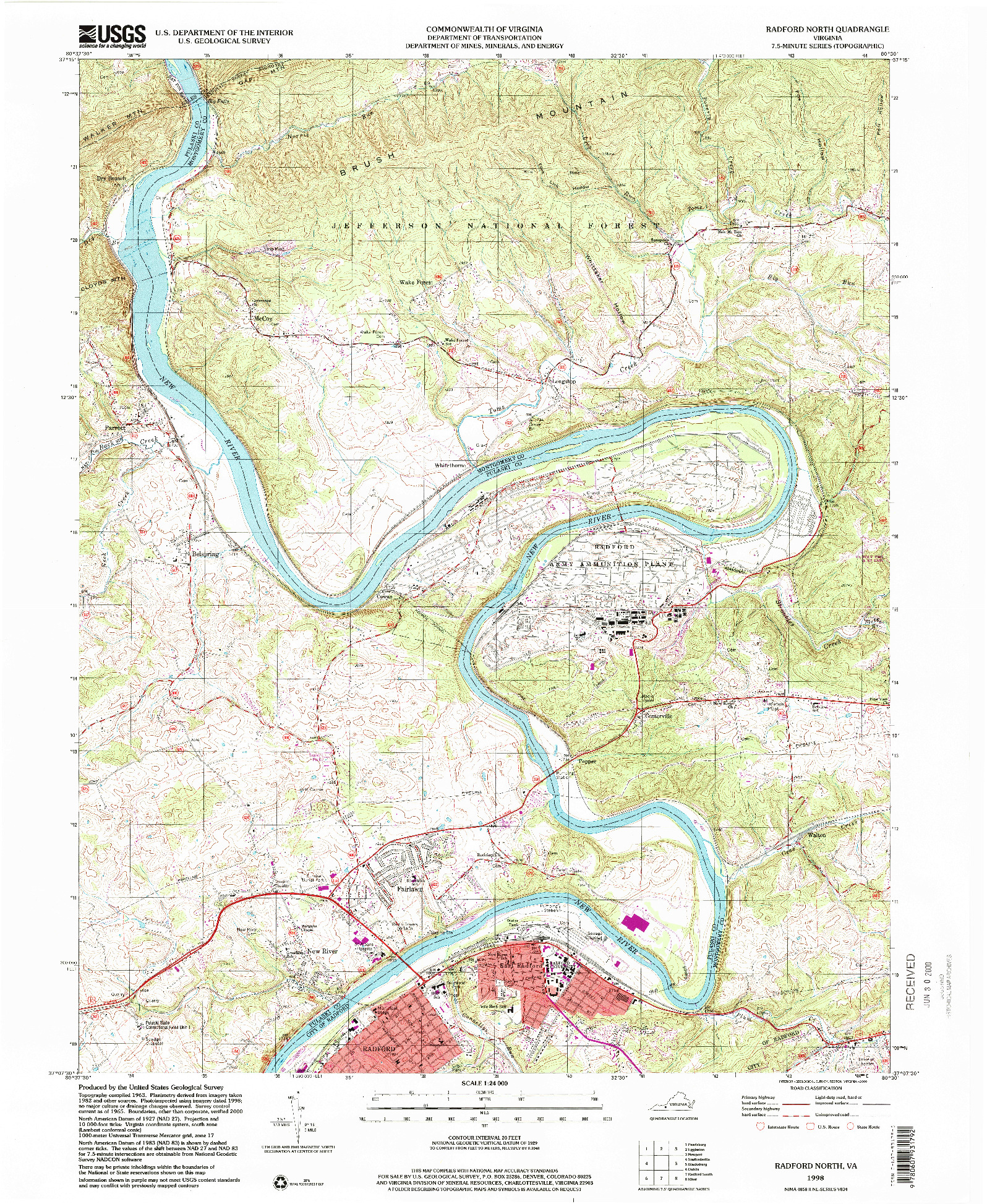 USGS 1:24000-SCALE QUADRANGLE FOR RADFORD NORTH, VA 1998