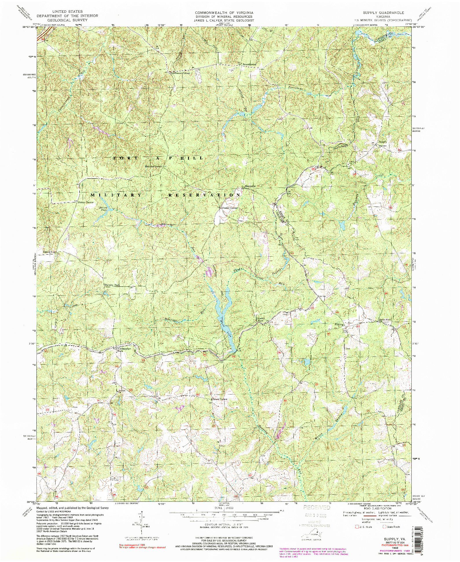 USGS 1:24000-SCALE QUADRANGLE FOR SUPPLY, VA 1968