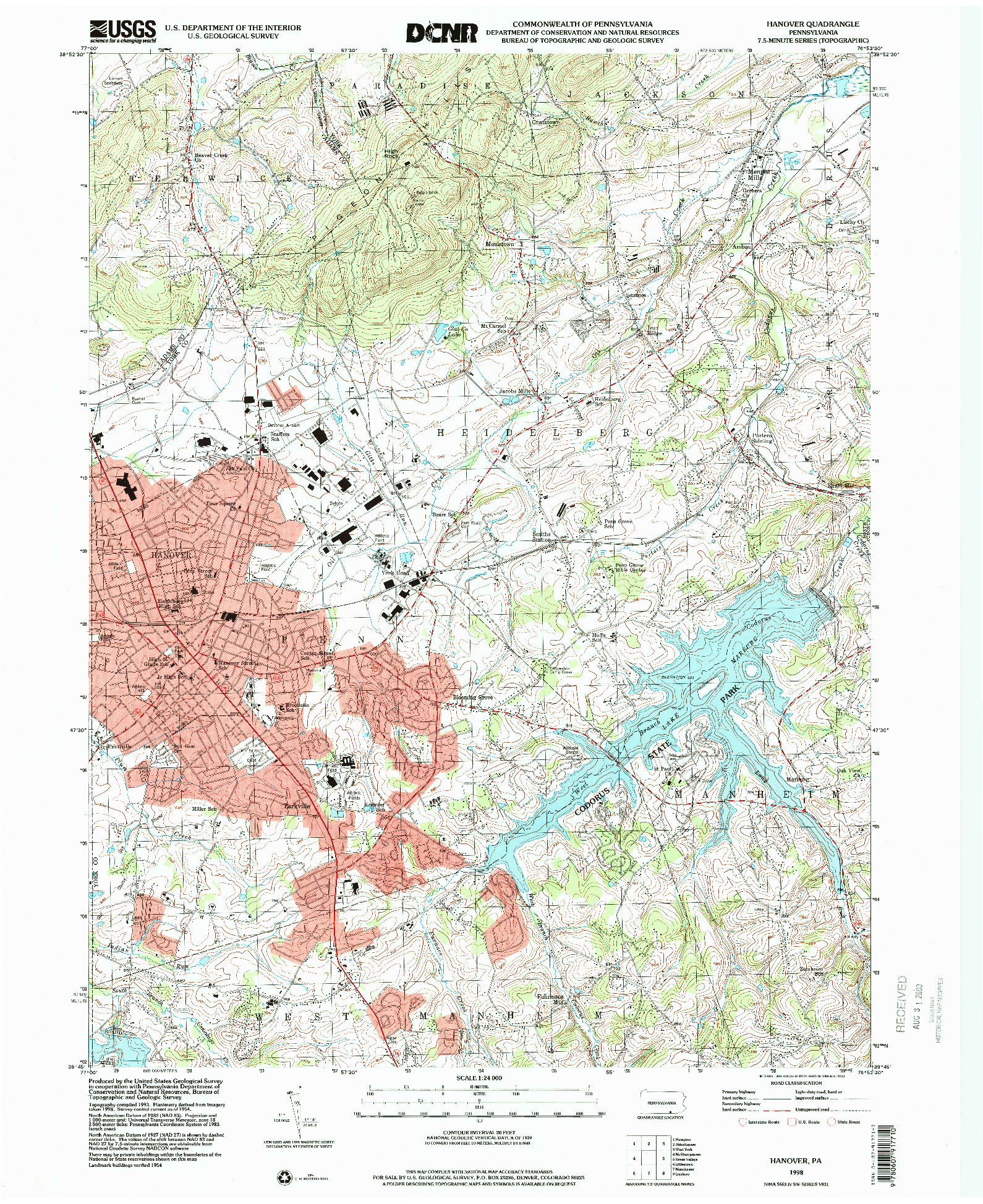 USGS 1:24000-SCALE QUADRANGLE FOR HANOVER, PA 1998