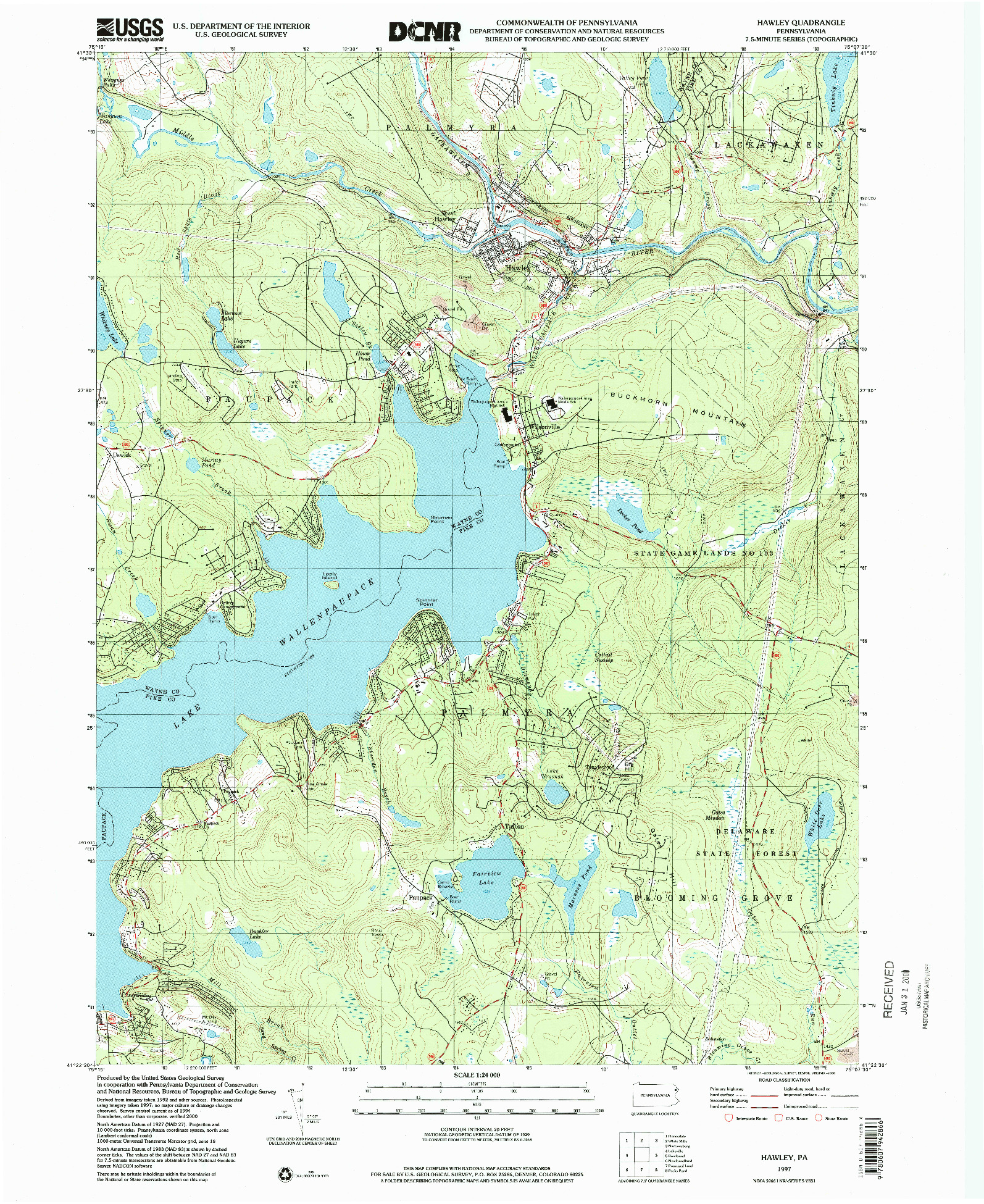 USGS 1:24000-SCALE QUADRANGLE FOR HAWLEY, PA 1997