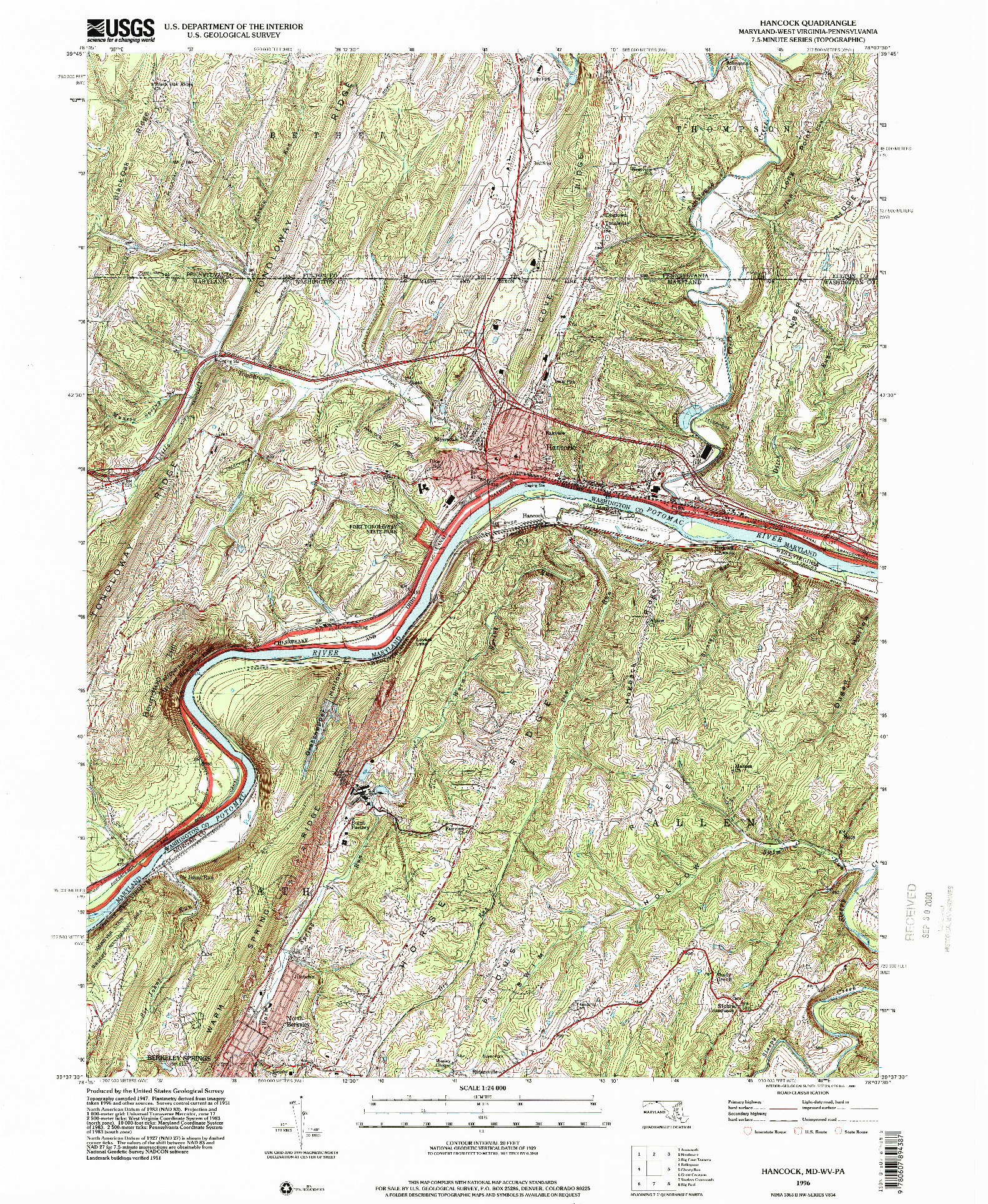 USGS 1:24000-SCALE QUADRANGLE FOR HANCOCK, MD 1996