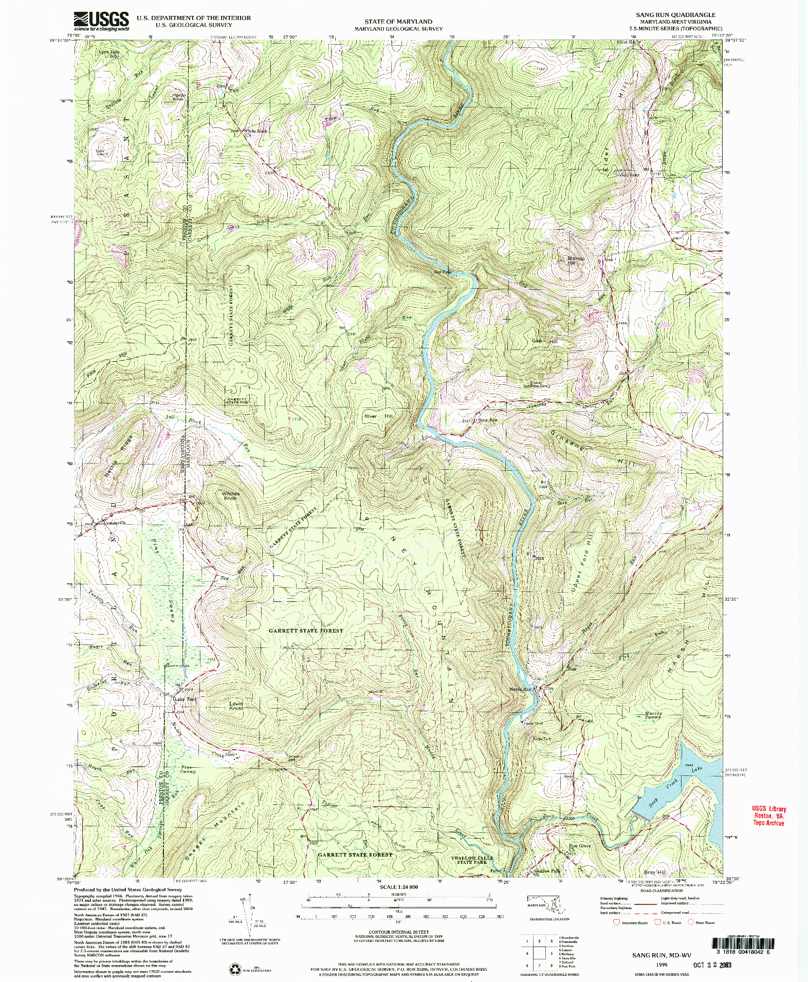 USGS 1:24000-SCALE QUADRANGLE FOR SANG RUN, MD 1999