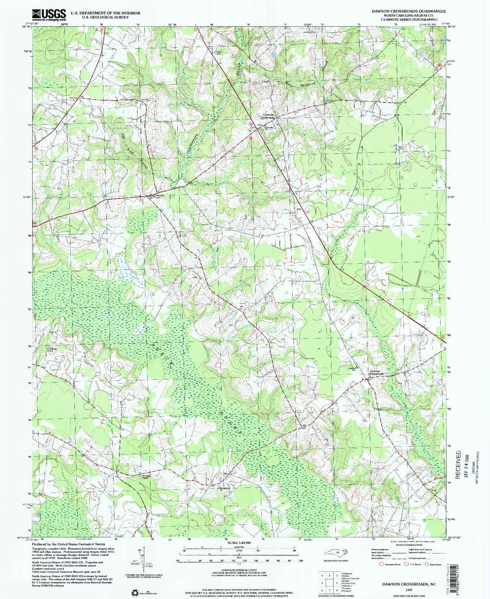 USGS 1:24000-SCALE QUADRANGLE FOR DAWSON CROSSROADS, NC 1997