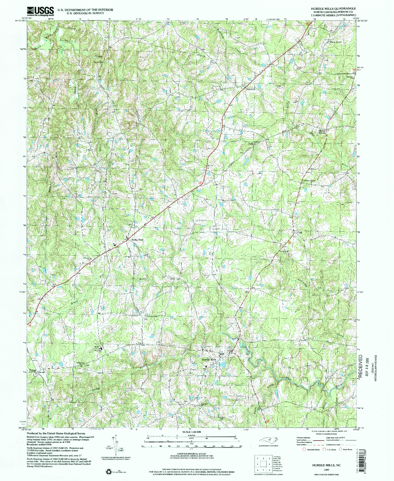 USGS 1:24000-SCALE QUADRANGLE FOR HURDLE MILLS, NC 1997
