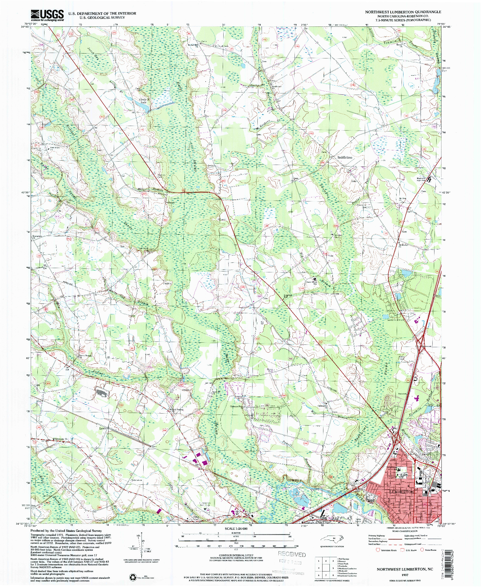 USGS 1:24000-SCALE QUADRANGLE FOR NORTHWEST LUMBERTON, NC 1997
