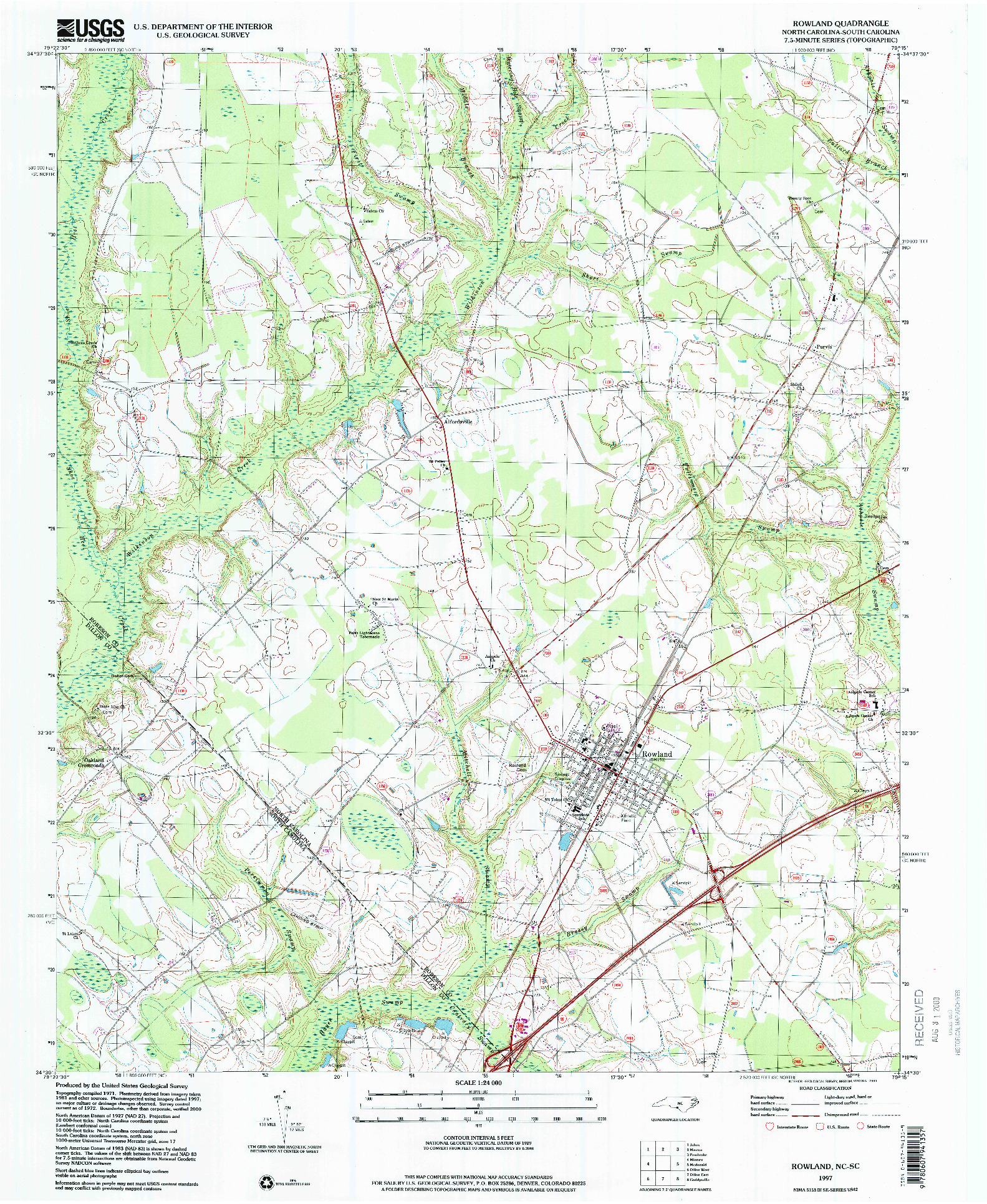 USGS 1:24000-SCALE QUADRANGLE FOR ROWLAND, NC 1997
