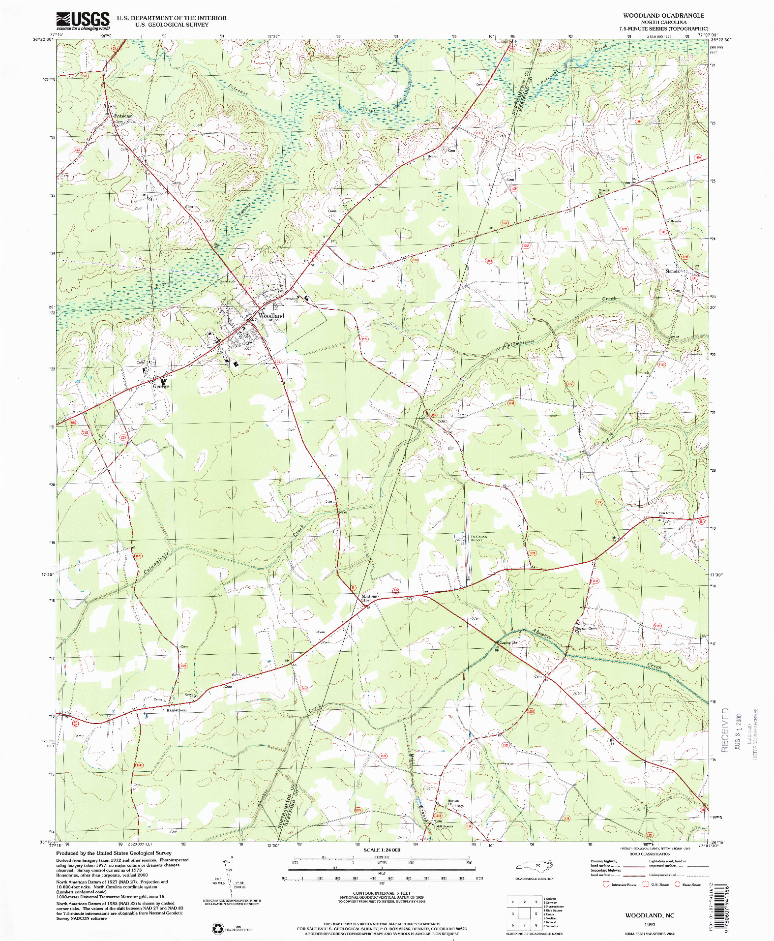 USGS 1:24000-SCALE QUADRANGLE FOR WOODARD, NC 1997