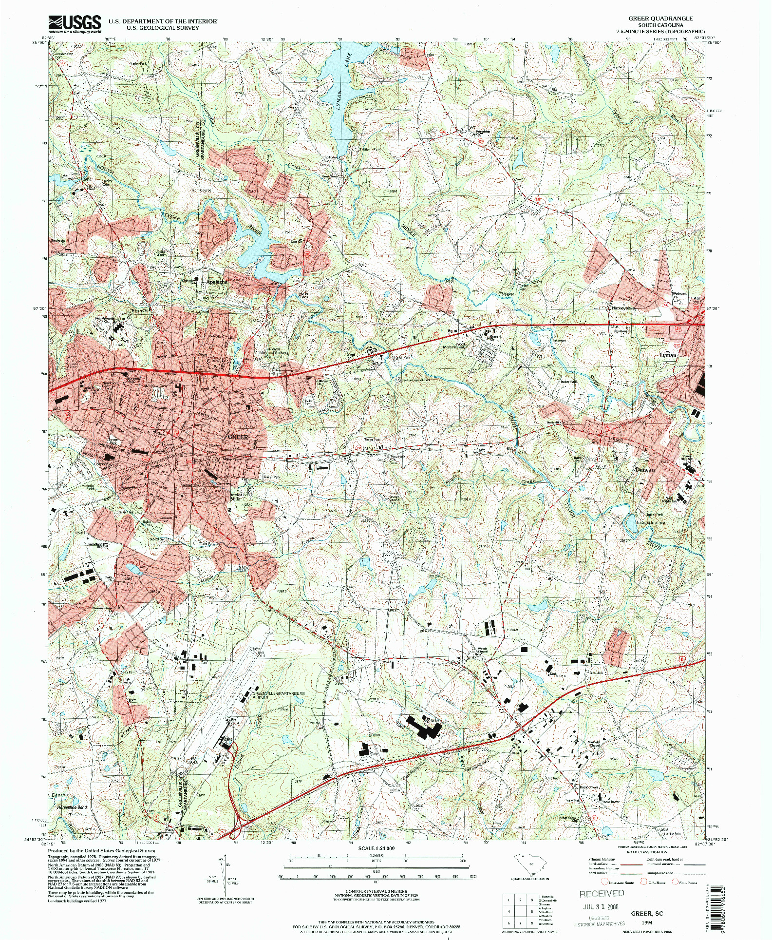 USGS 1:24000-SCALE QUADRANGLE FOR GREER, SC 1994