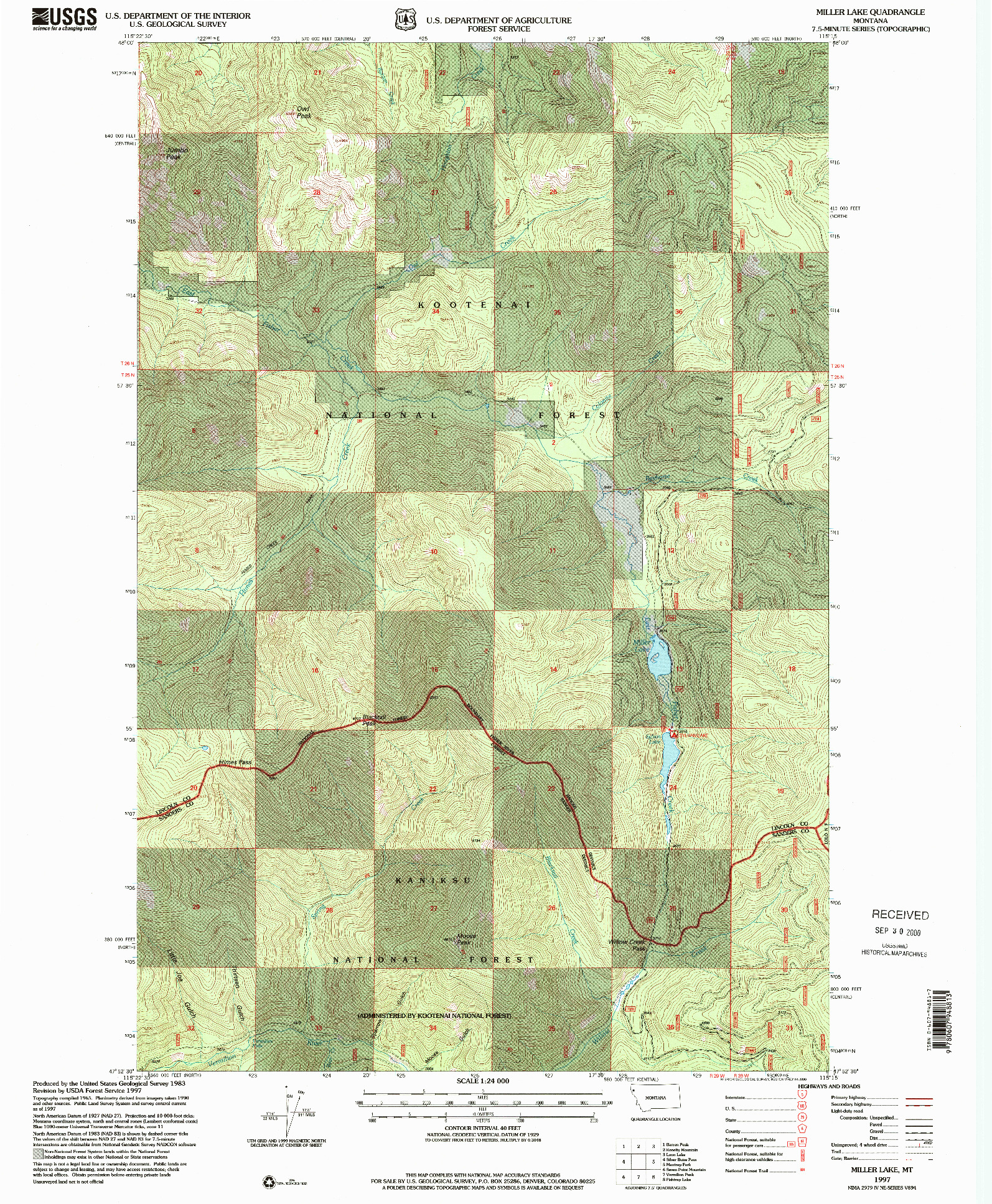 USGS 1:24000-SCALE QUADRANGLE FOR MILLER LAKE, MT 1997