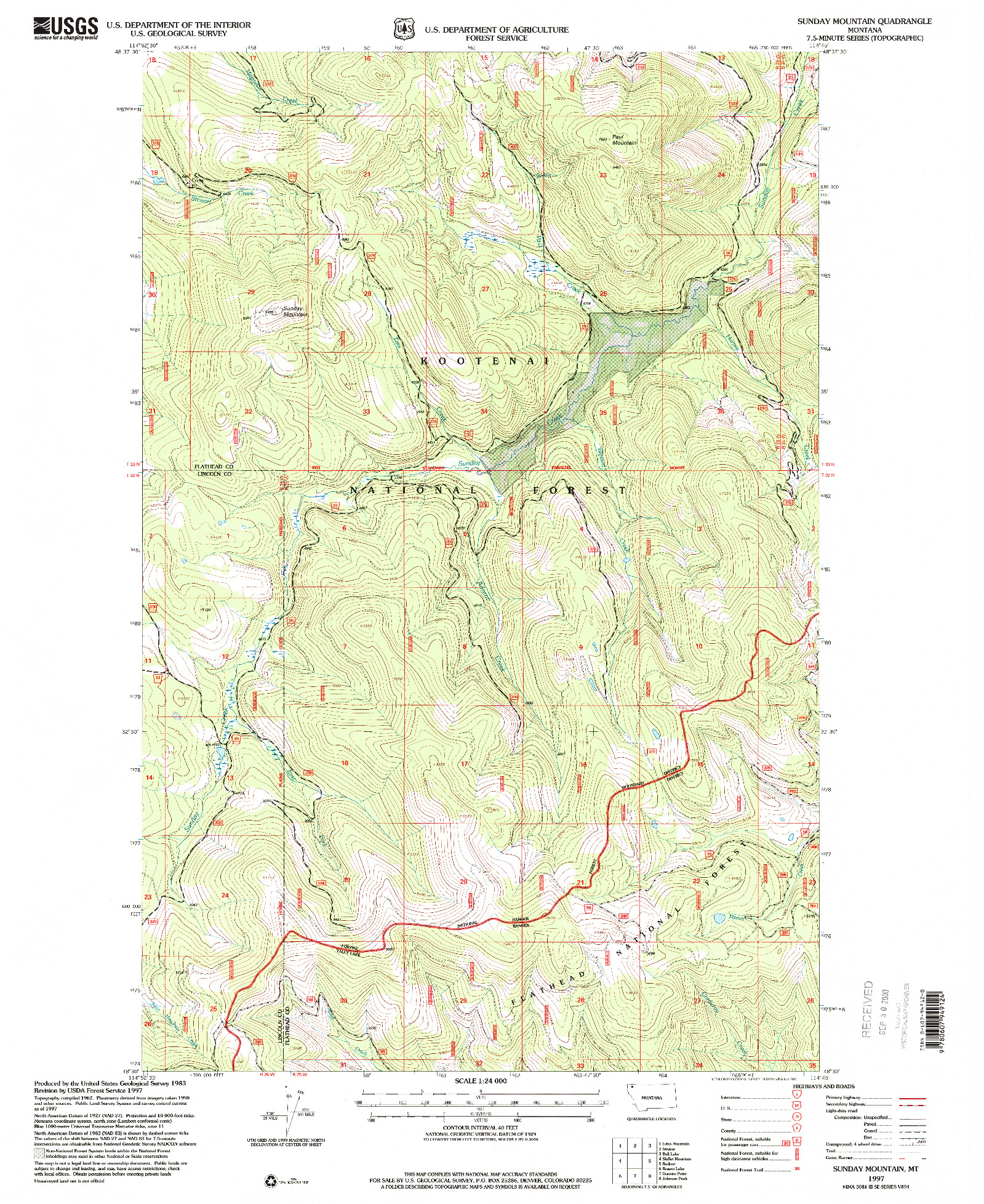 USGS 1:24000-SCALE QUADRANGLE FOR SUNDAY MOUNTAIN, MT 1997