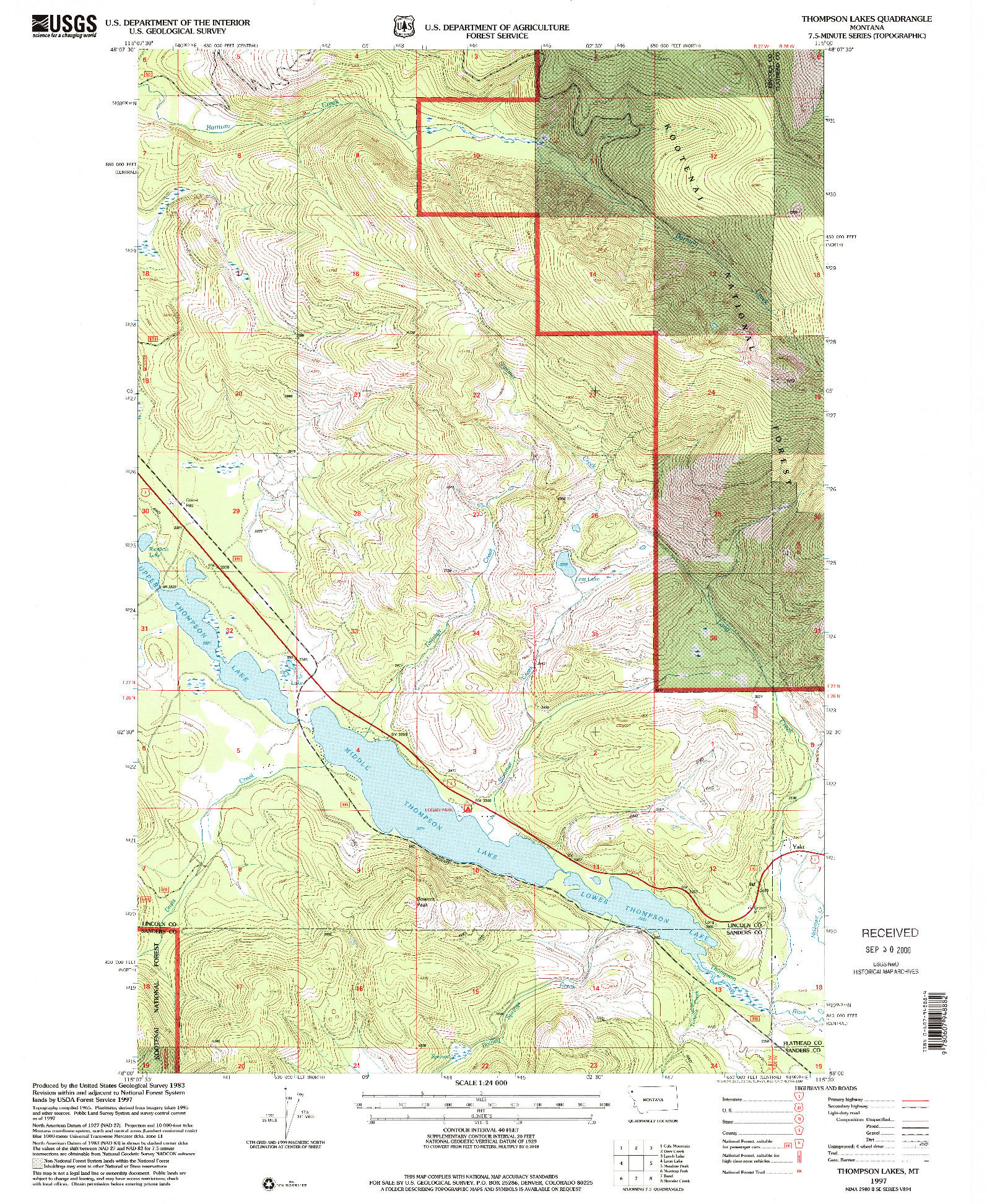 USGS 1:24000-SCALE QUADRANGLE FOR THOMPSON LAKES, MT 1997
