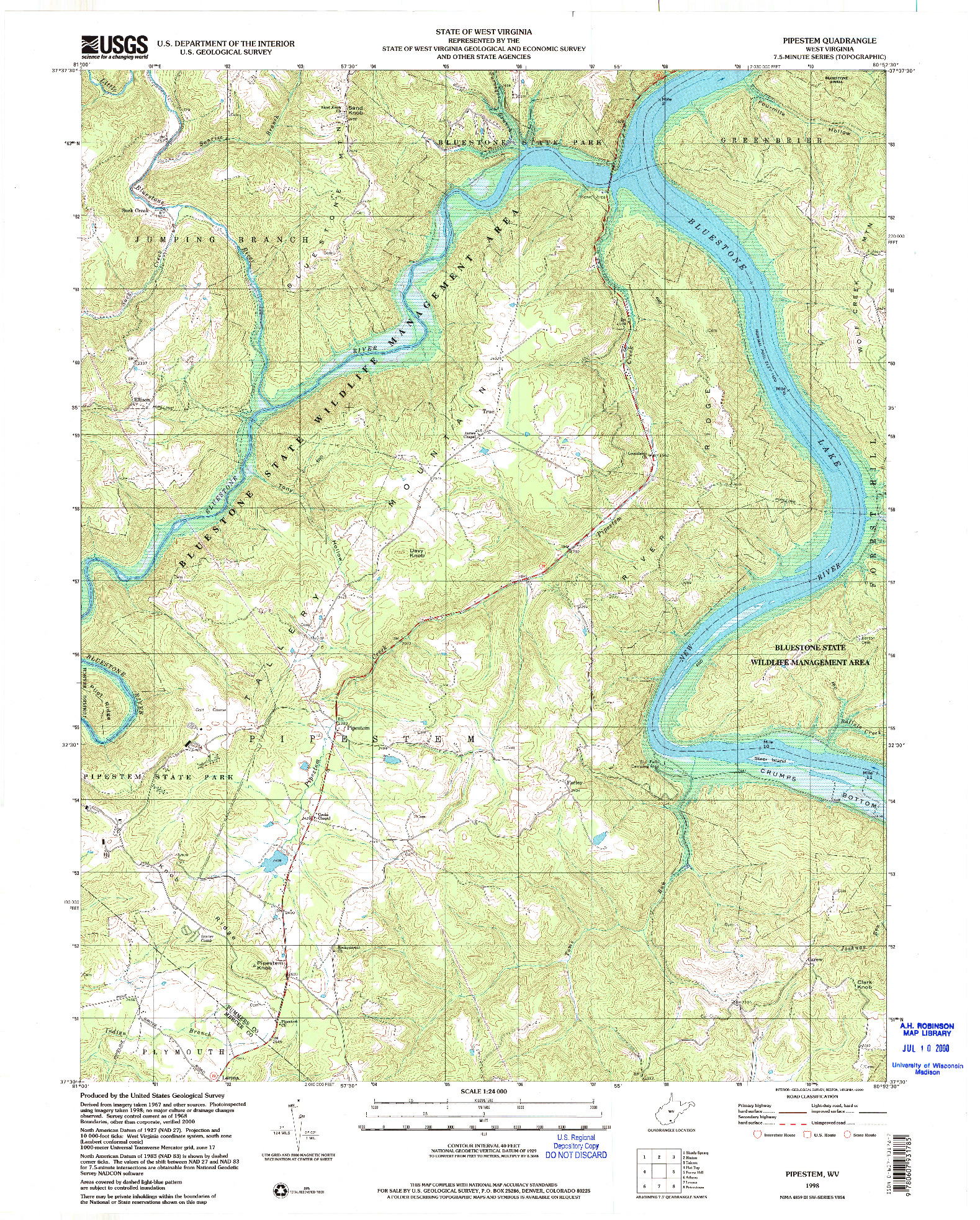 USGS 1:24000-SCALE QUADRANGLE FOR PIPESTEM, WV 1998