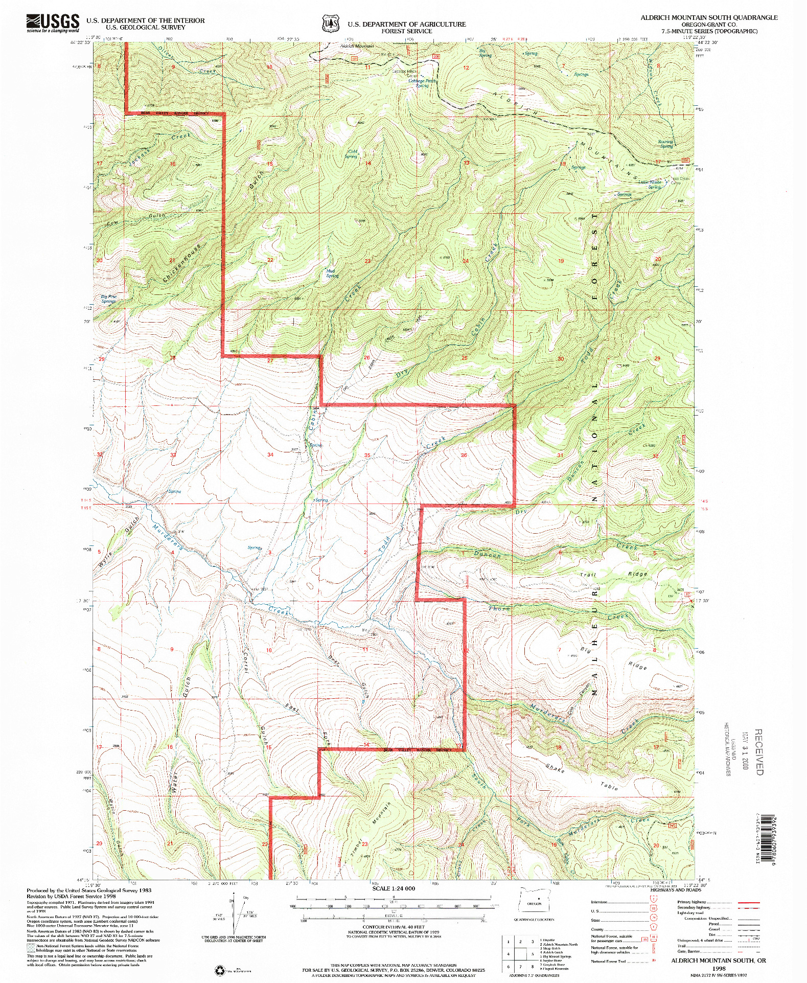 USGS 1:24000-SCALE QUADRANGLE FOR ALDRICH MOUNTAIN SOUTH, OR 1998