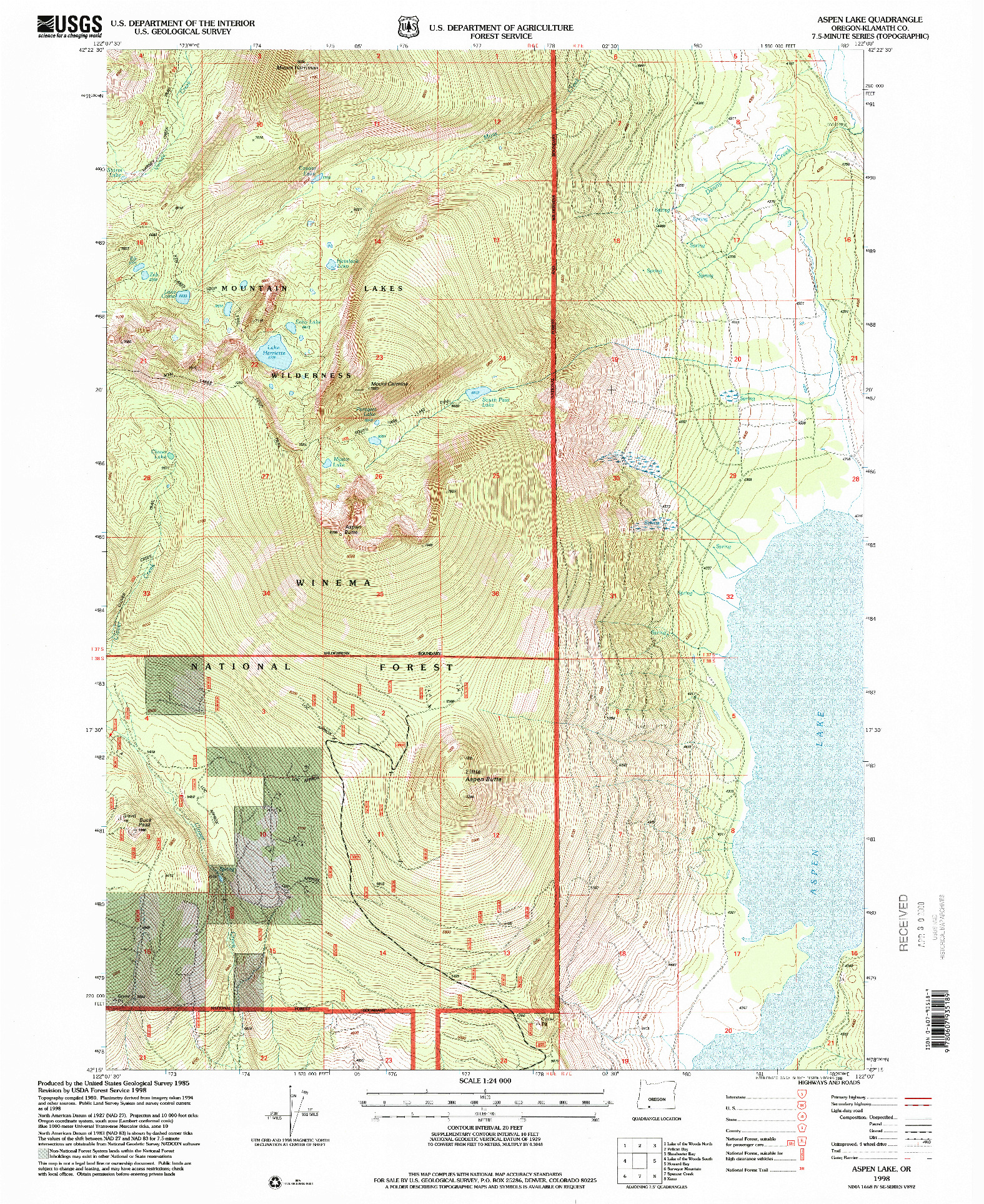 USGS 1:24000-SCALE QUADRANGLE FOR ASPEN LAKE, OR 1998