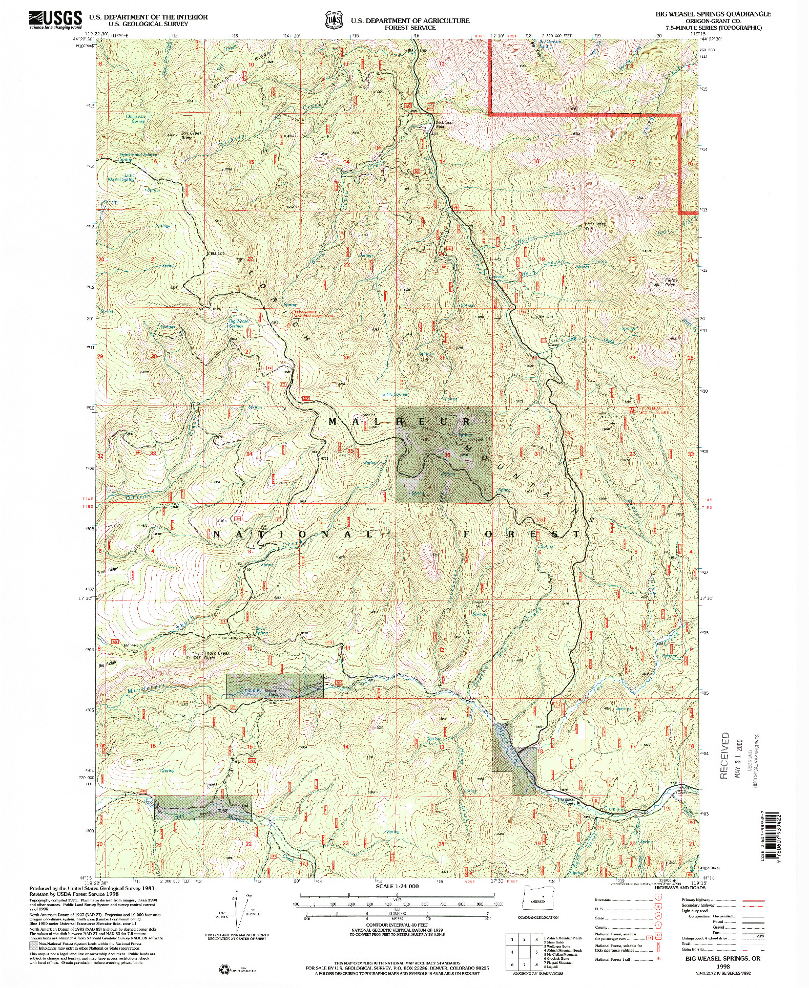 USGS 1:24000-SCALE QUADRANGLE FOR BIG WEASEL SPRINGS, OR 1998
