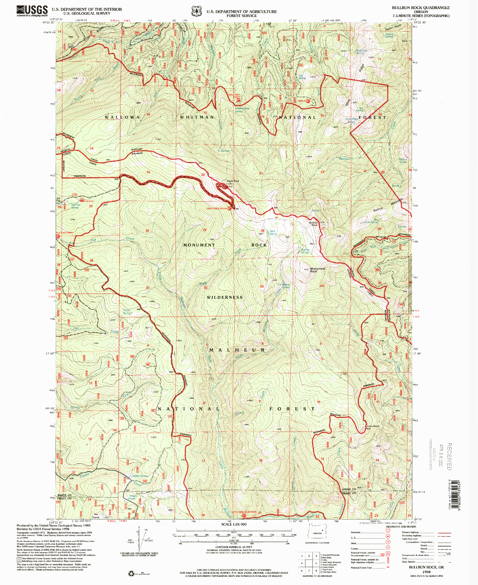 USGS 1:24000-SCALE QUADRANGLE FOR BULLRUN ROCK, OR 1998