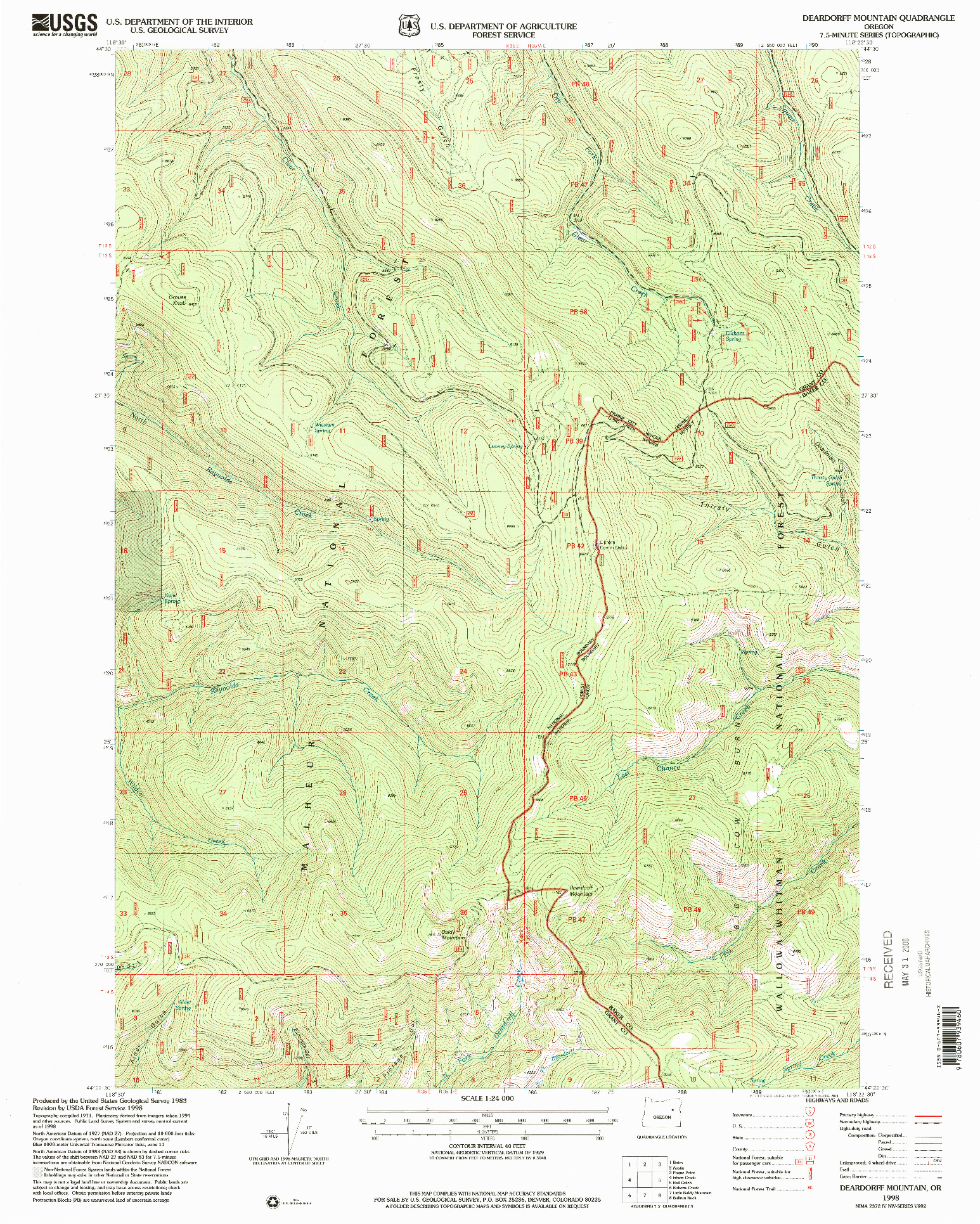 USGS 1:24000-SCALE QUADRANGLE FOR DEARDORFF MOUNTAIN, OR 1998