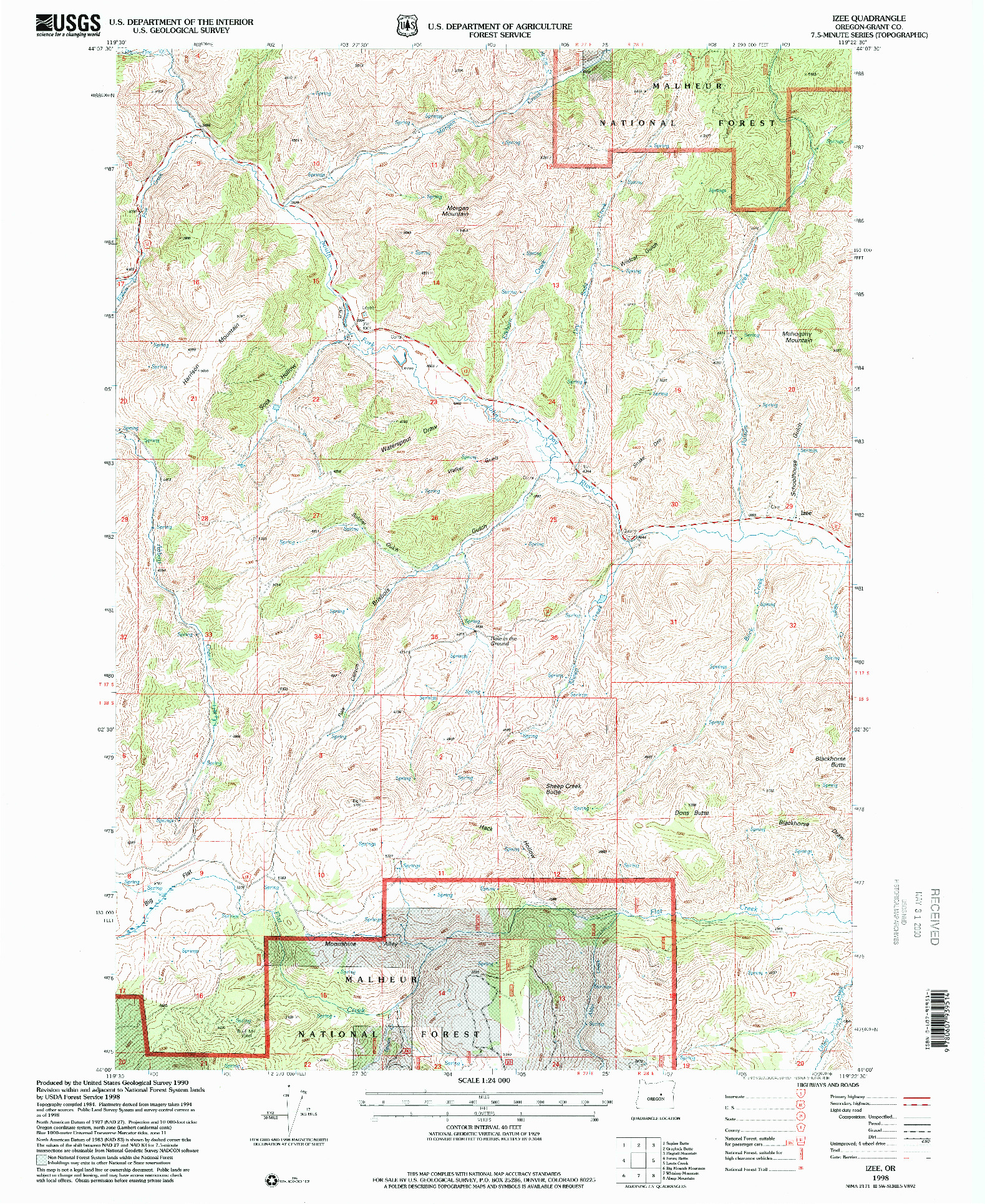 USGS 1:24000-SCALE QUADRANGLE FOR IZEE, OR 1998