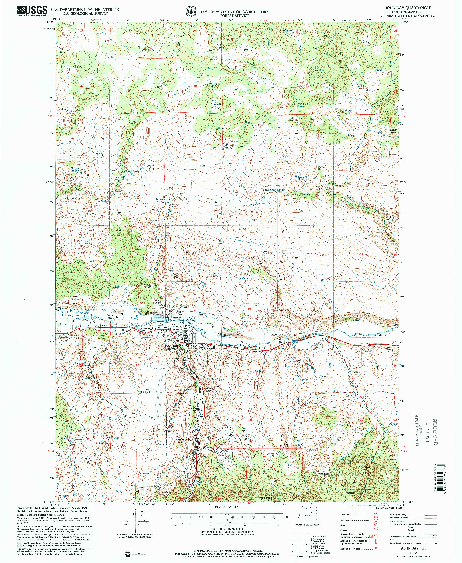 USGS 1:24000-SCALE QUADRANGLE FOR JOHN DAY, OR 1998