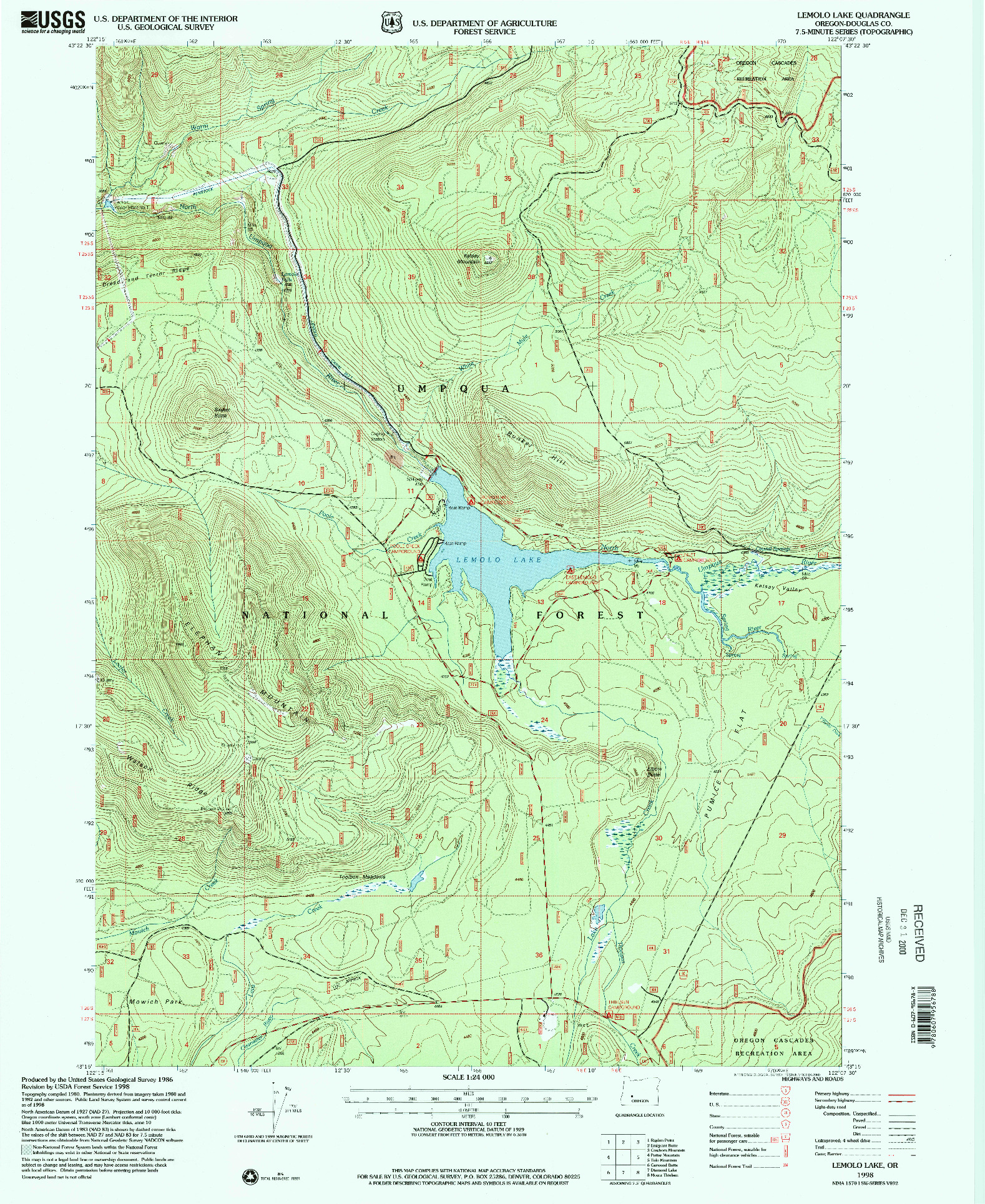 USGS 1:24000-SCALE QUADRANGLE FOR LEMOLO LAKE, OR 1998