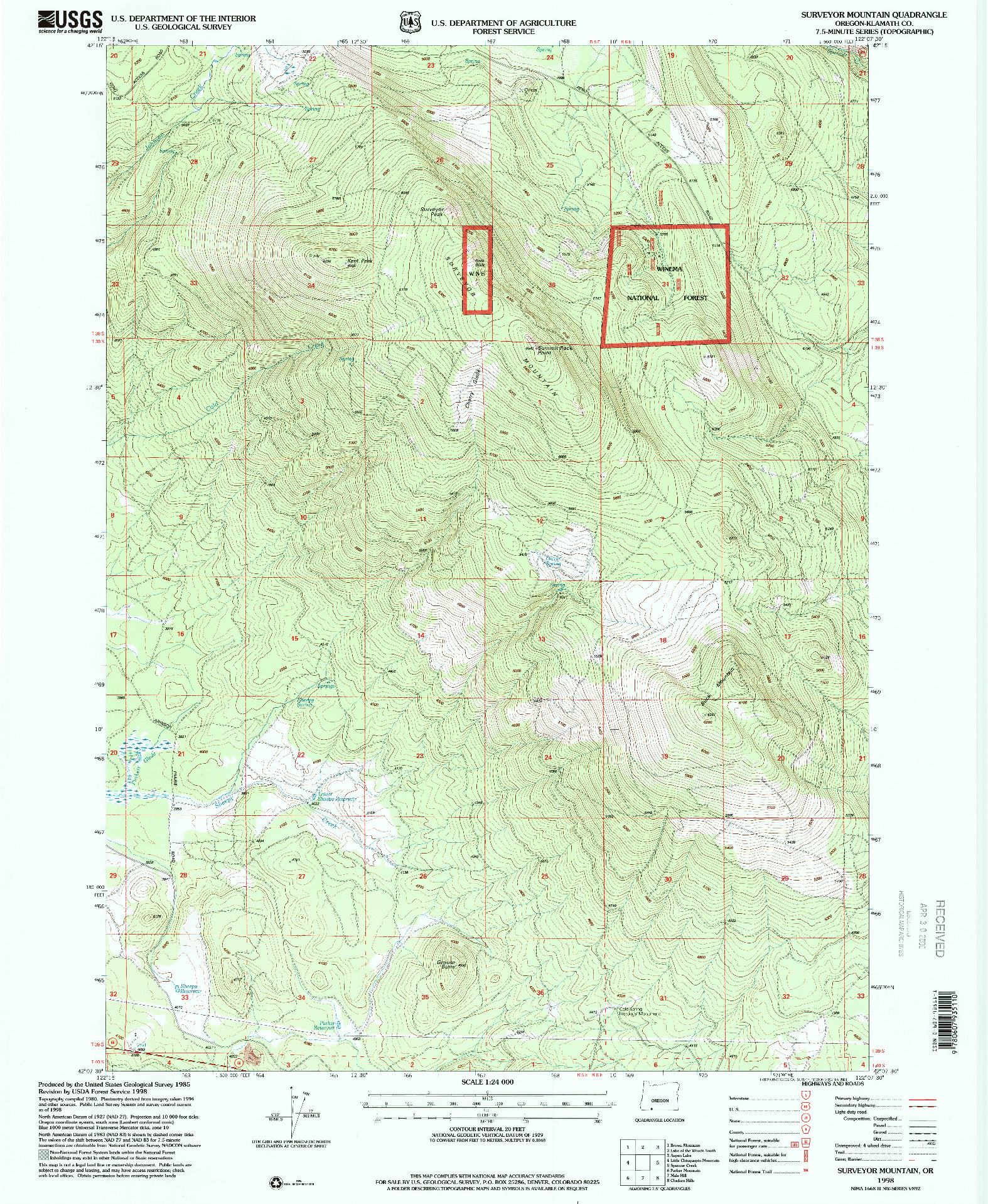 USGS 1:24000-SCALE QUADRANGLE FOR SURVEYOR MOUNTAIN, OR 1998
