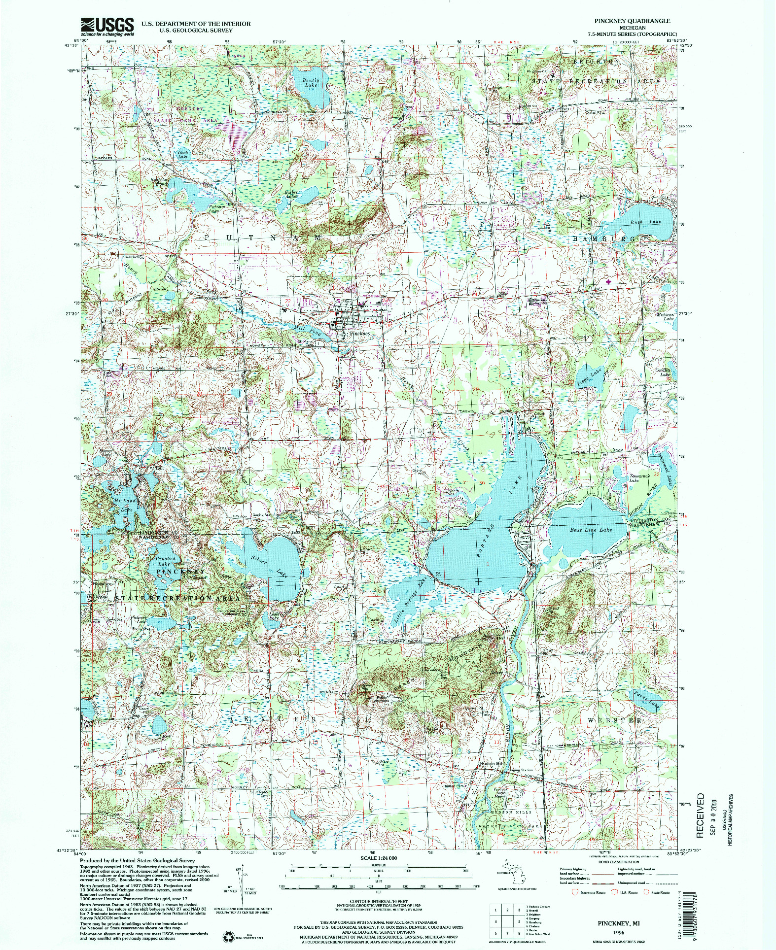USGS 1:24000-SCALE QUADRANGLE FOR PINCKNEY, MI 1996