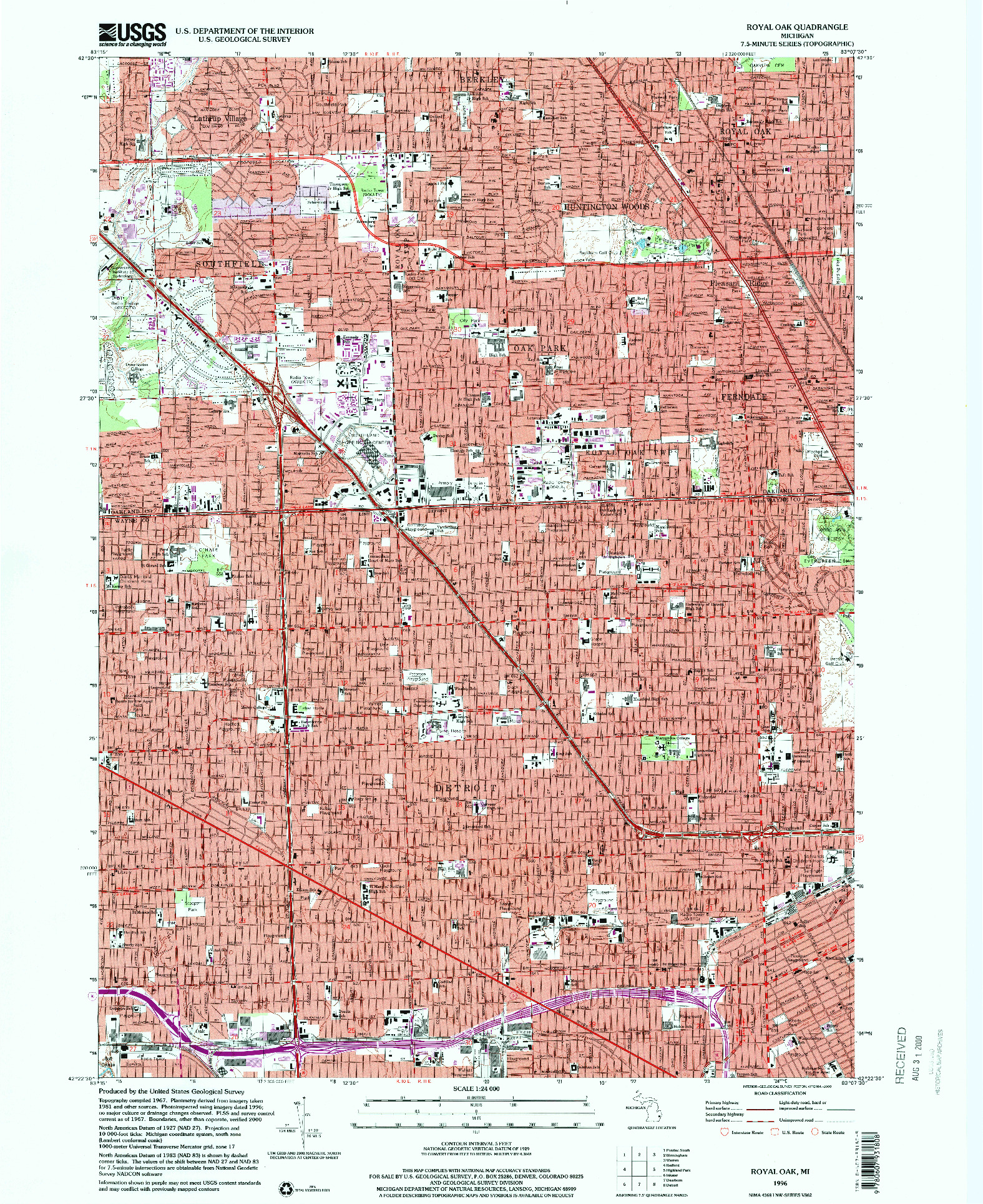 USGS 1:24000-SCALE QUADRANGLE FOR ROYAL OAK, MI 1996