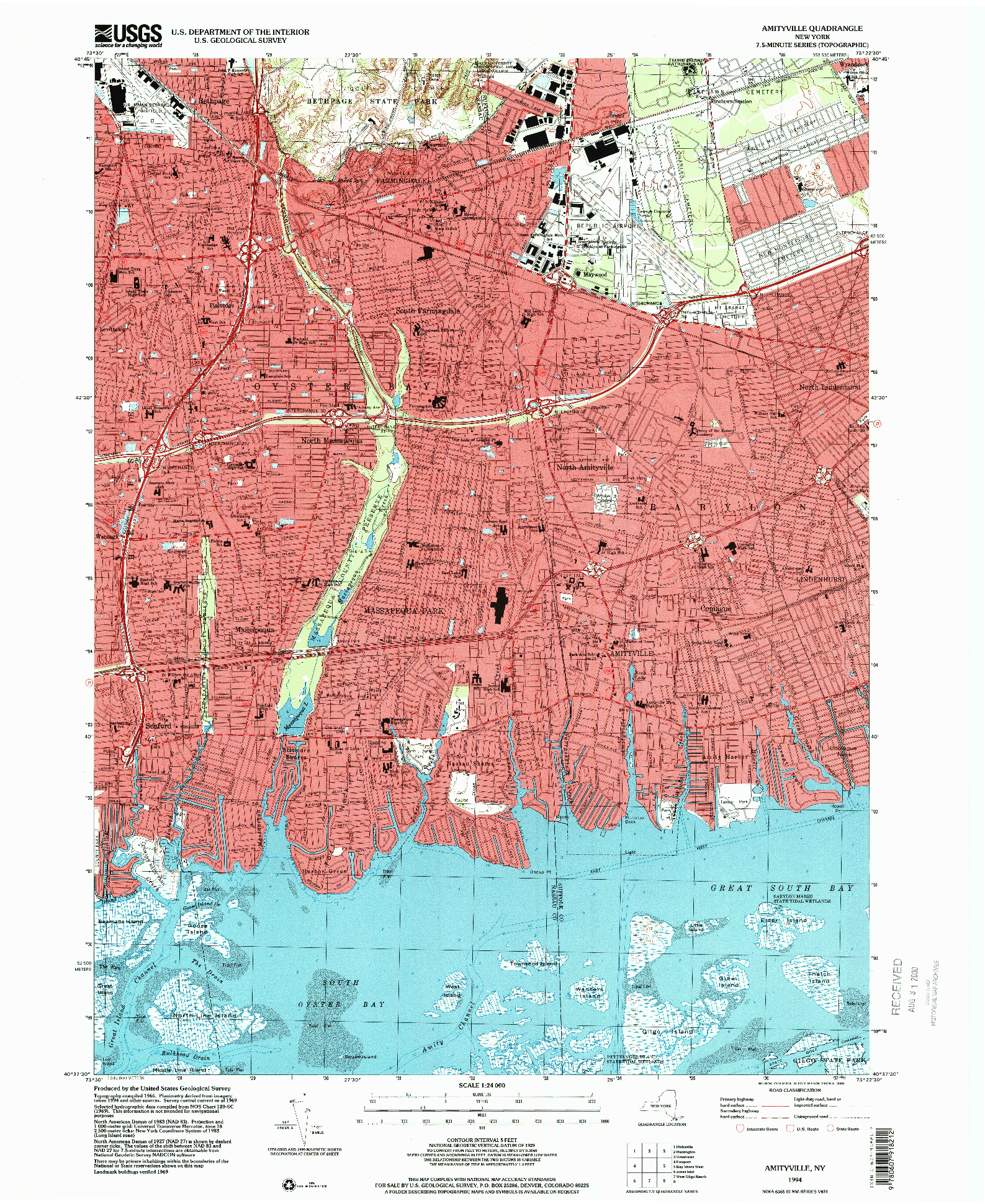 USGS 1:24000-SCALE QUADRANGLE FOR AMITYVILLE, NY 1994